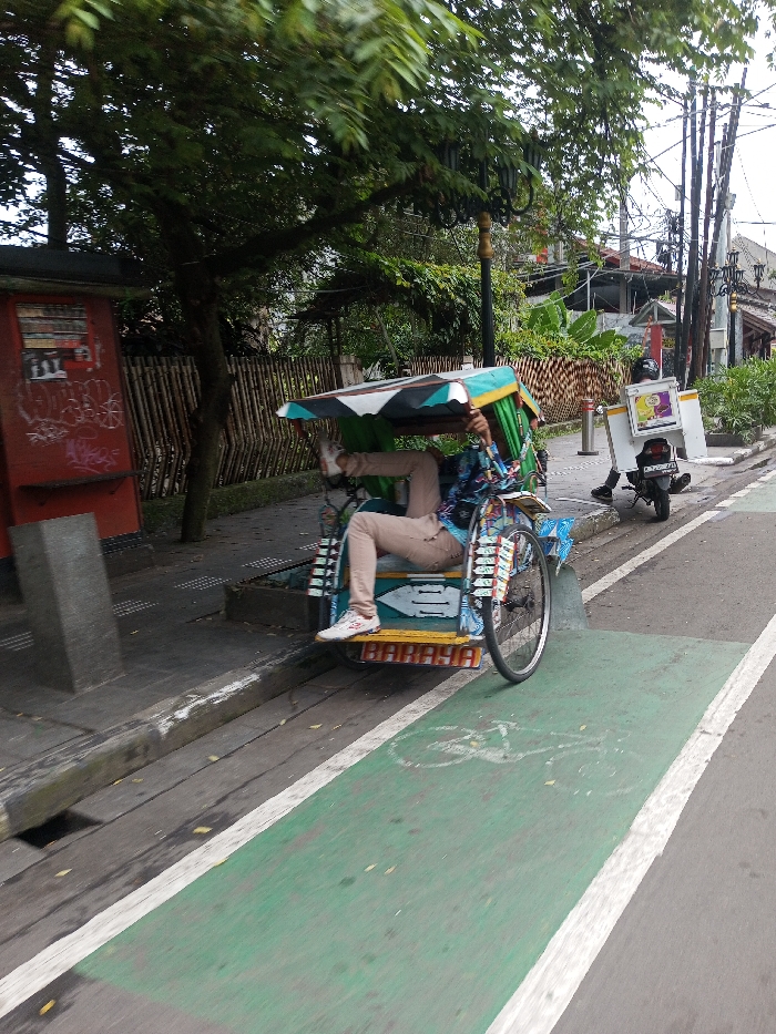 This image captures a daytime street scene in Kodarapalli, India. In the midground, a vibrant, multi-colored pedicab (rickshaw) with a green, white, and blue canopy is positioned near the edge of a sidewalk. A person is seated within the pedicab, facing left, wearing light brown trousers and a patterned long-sleeved shirt, with white and red athletic shoes; their legs are extended, with the right leg raised. The word "BARAYA" is visible on the lower front section of the pedicab.
To the right of the pedicab, a green-painted bicycle lane, marked with a faded white bicycle symbol and bordered by white lines, runs parallel to the grey asphalt road. Further along the road, a dark-colored motorcycle is parked, featuring a large, white rectangular delivery box with purple and white graphics mounted on its rear. A person wearing a helmet is seated on this motorcycle.
On the left side of the scene, a grey concrete sidewalk is shaded by a tall, leafy tree. A red utility box or kiosk, covered in white graffiti, stands on the sidewalk near the tree. Behind these elements, a bamboo fence extends horizontally, separating the sidewalk from an area with additional greenery and obscured building structures. Overhead, utility poles with numerous electrical wires are visible against an overcast sky. An ornamental black street lamp stands in the midground to the right of the tree.