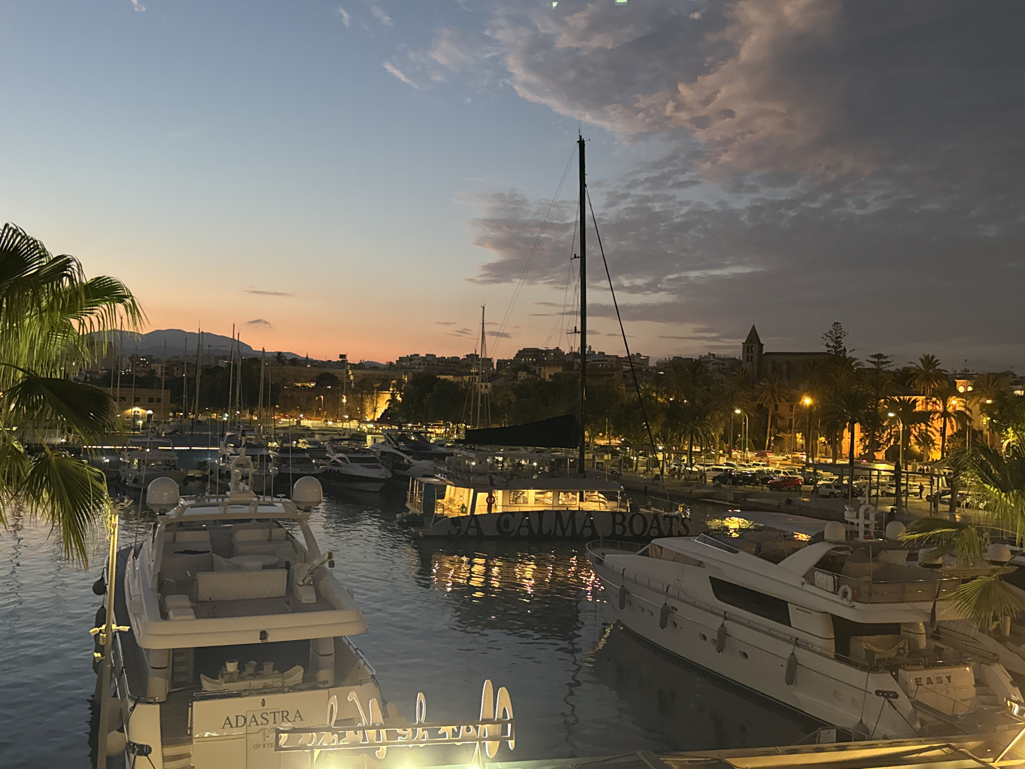 This image depicts a harbor scene in Palma, Spain, during twilight. Several yachts are moored in the calm water, with their lights illuminated, casting reflections on the surface. The foreground features the stern of a white yacht with "ADAstra" and "OF RYE" visible on its transom. To its right, another white yacht is partially visible, with "EASY" written on its stern. In the middle ground, a larger catamaran-style boat with the text "SEA CALMA BOATS" is also lit up, with people visible inside. Beyond the harbor, the cityscape of Palma unfolds, characterized by buildings with illuminated windows and palm trees lining the waterfront. The sky displays a gradient of colors from soft orange and pink near the horizon to a deeper blue and grey overhead, with scattered clouds. The overall atmosphere is serene and suggestive of evening relaxation.