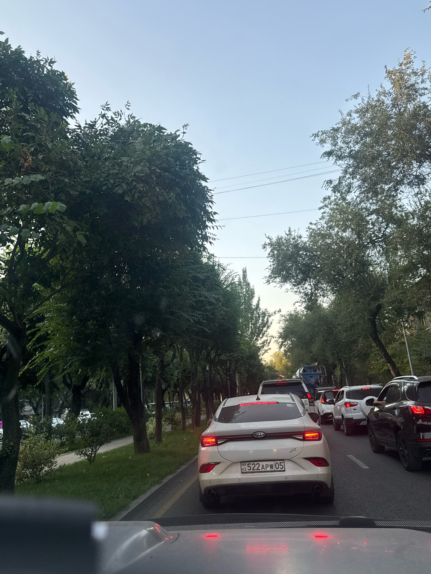 The image shows a congested street in Almaty, Kazakhstan, likely during daylight hours given the bright sky. The perspective is from inside a vehicle, looking forward through the windshield. Multiple cars are stopped in traffic on a paved road lined with green trees. The car in the foreground is white with its brake lights illuminated. Its license plate is visible and reads "KZ 522 APW 05". The trees on both sides of the road form a canopy overhead, with some buildings visible through the foliage in the distance. Power lines are also present, strung between poles. The overall atmosphere suggests a typical urban traffic scene.