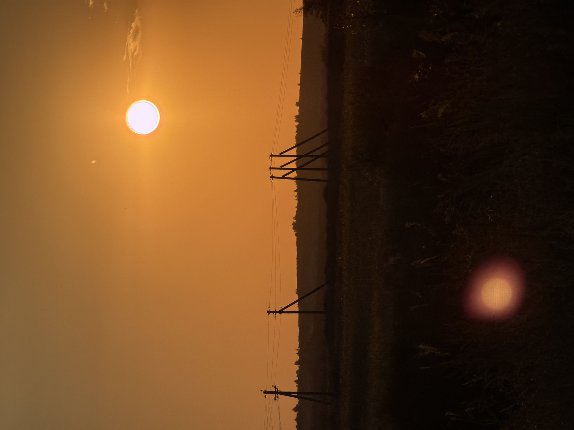 The photograph captures a sunset over a rural landscape, likely on the outskirts of Kamyshin, Russia. The sun, a bright white disc with a halo, dominates the upper right quadrant of the frame, casting a warm, orange glow across the sky. In the middle ground, silhouetted against the sunset, are several telephone poles and power lines stretching across the horizon. The poles are of varying designs, with some featuring simple vertical structures and others having more elaborate, angled supports. Beyond the power lines, a dark, undulating silhouette suggests distant hills or treelines. The foreground is a dark, out-of-focus expanse of vegetation, possibly fields or tall grass, with a distinct, bright circular lens flare in the lower left quadrant. The overall scene evokes a sense of tranquility and the end of a day in a natural, undeveloped area.
