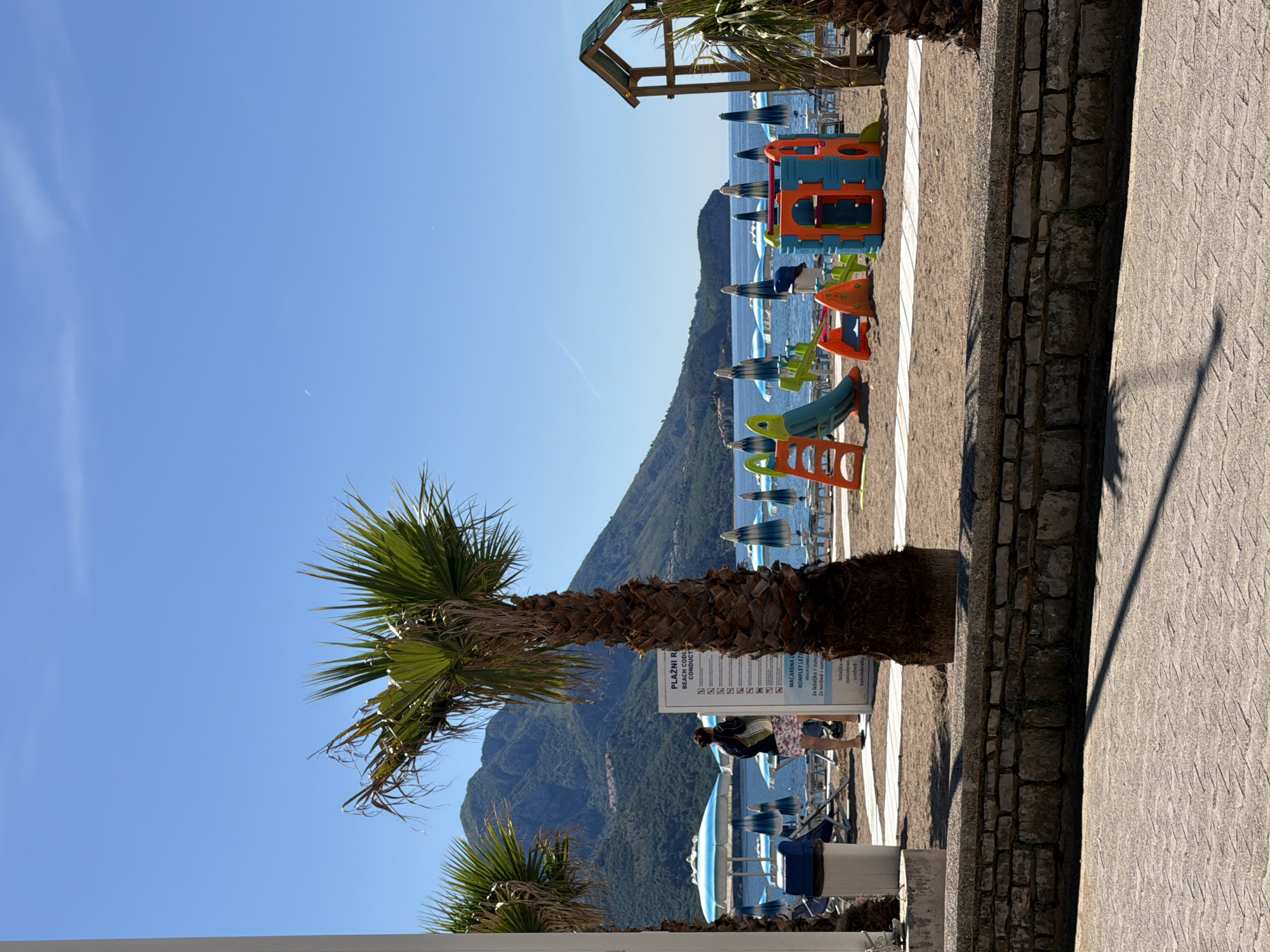 The image shows a sunny beach scene in Boreti, Montenegro. The foreground features a palm tree with lush green fronds, alongside a stone wall and a paved area. Behind the palm tree is a sign with beach regulations written on it. A woman is walking past the sign. Further behind, beach umbrellas dot the coastline with a clear blue sea visible. Mountains rise in the background under a cloudless blue sky. On the beach, there is a small playground.