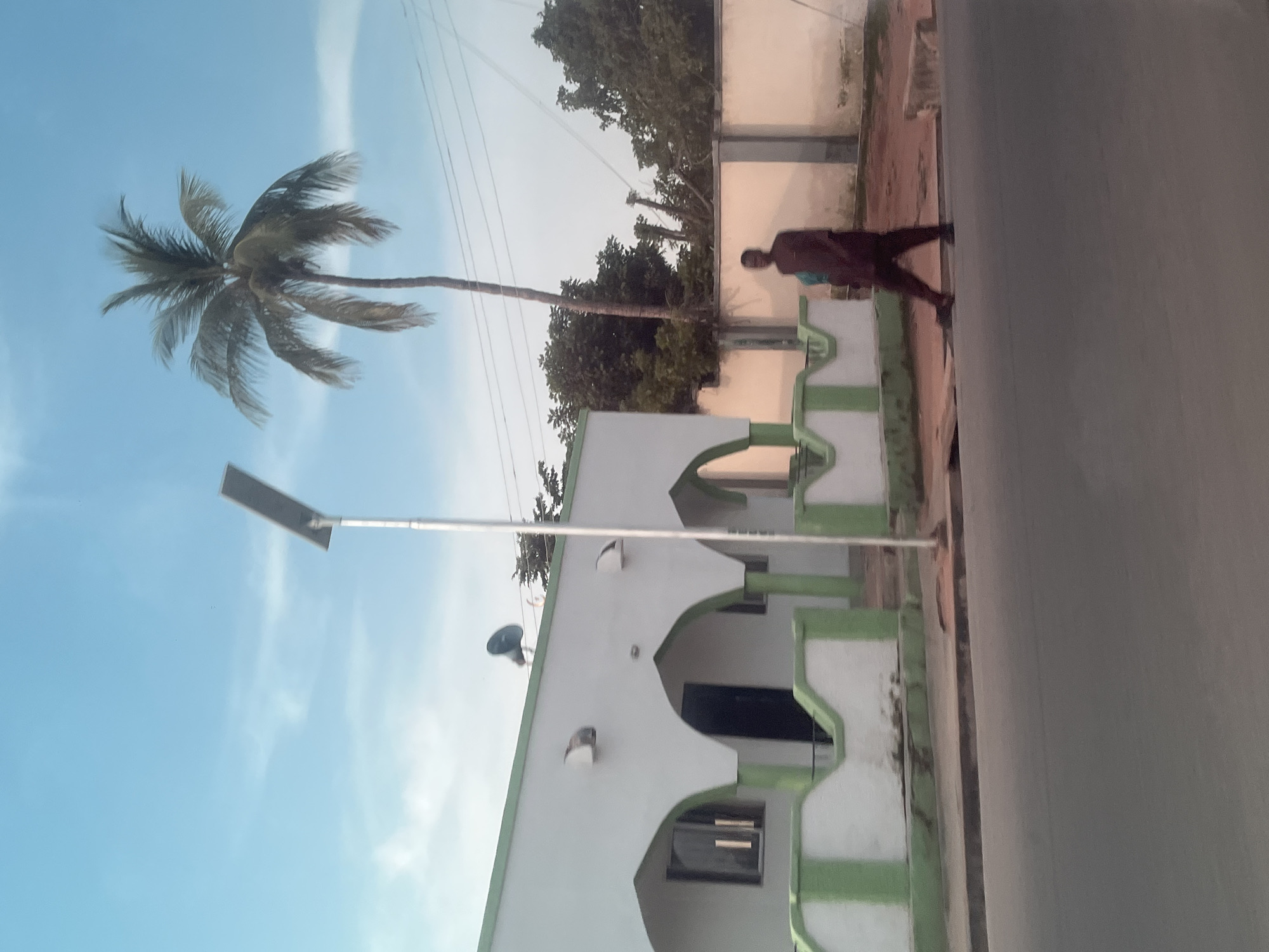 A person walks on a sidewalk next to a light-colored building with green trim. The building has arched openings and windows. A tall palm tree stands to the left of the building, its fronds reaching towards a blue sky with wispy clouds. A lamppost with a solar panel is visible in the foreground. Trees are visible in the background. The scene appears to be set in Jalingo, Nigeria. The lighting suggests it is either early morning or late afternoon.