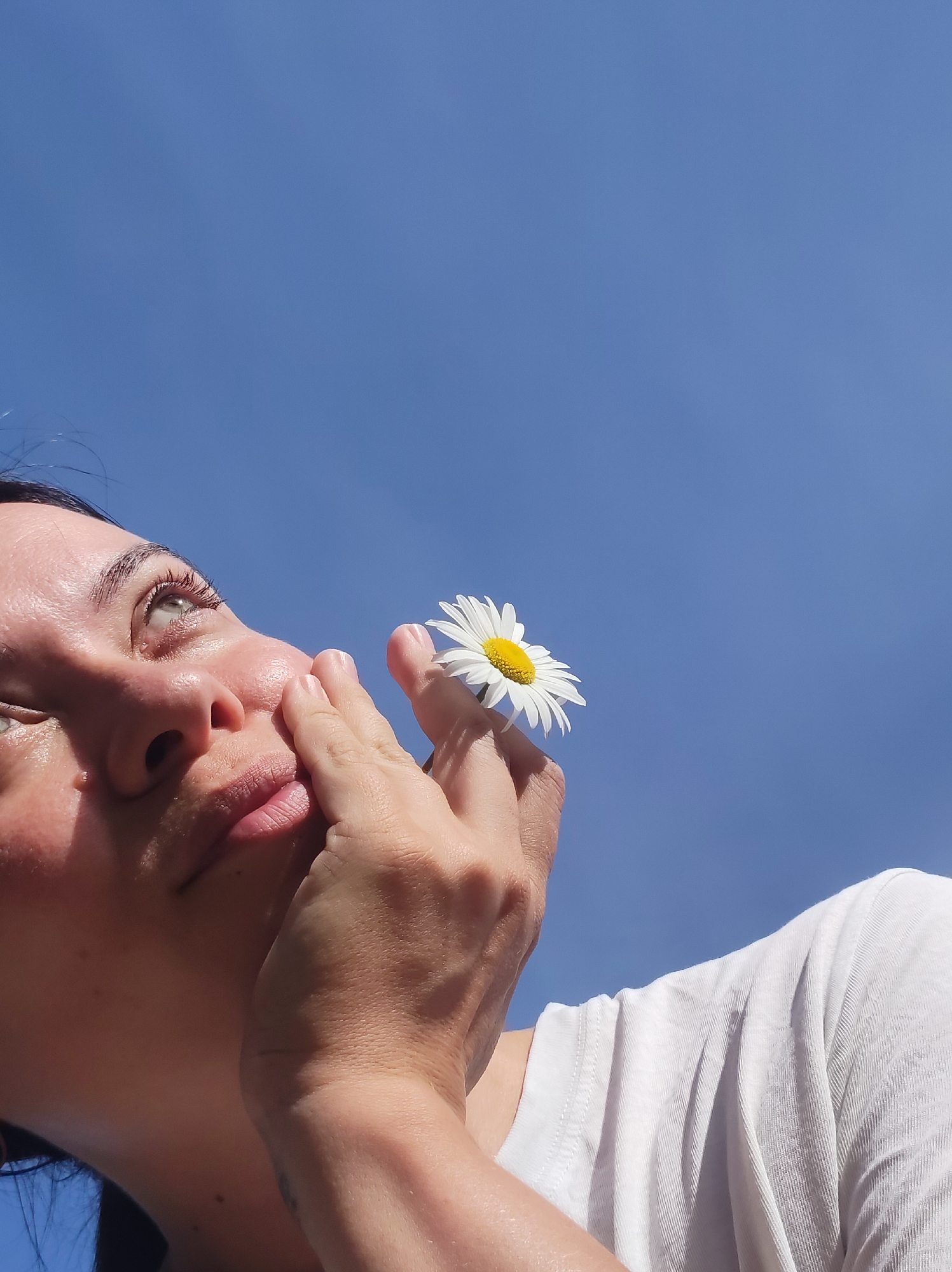 A close-up, low-angle shot shows a person's face and hand against a bright blue sky. The person, from the shoulders up, is looking upwards and to the left, with their mouth slightly open. Their skin is illuminated by sunlight, with highlights visible on their nose and cheek. A single white daisy with a yellow center is held between the fingers of their right hand, positioned near their face. The person is wearing a plain white t-shirt. The overall scene suggests a clear, sunny day. The time of day appears to be daytime due to the bright sunlight. There are no visible text elements in the image.