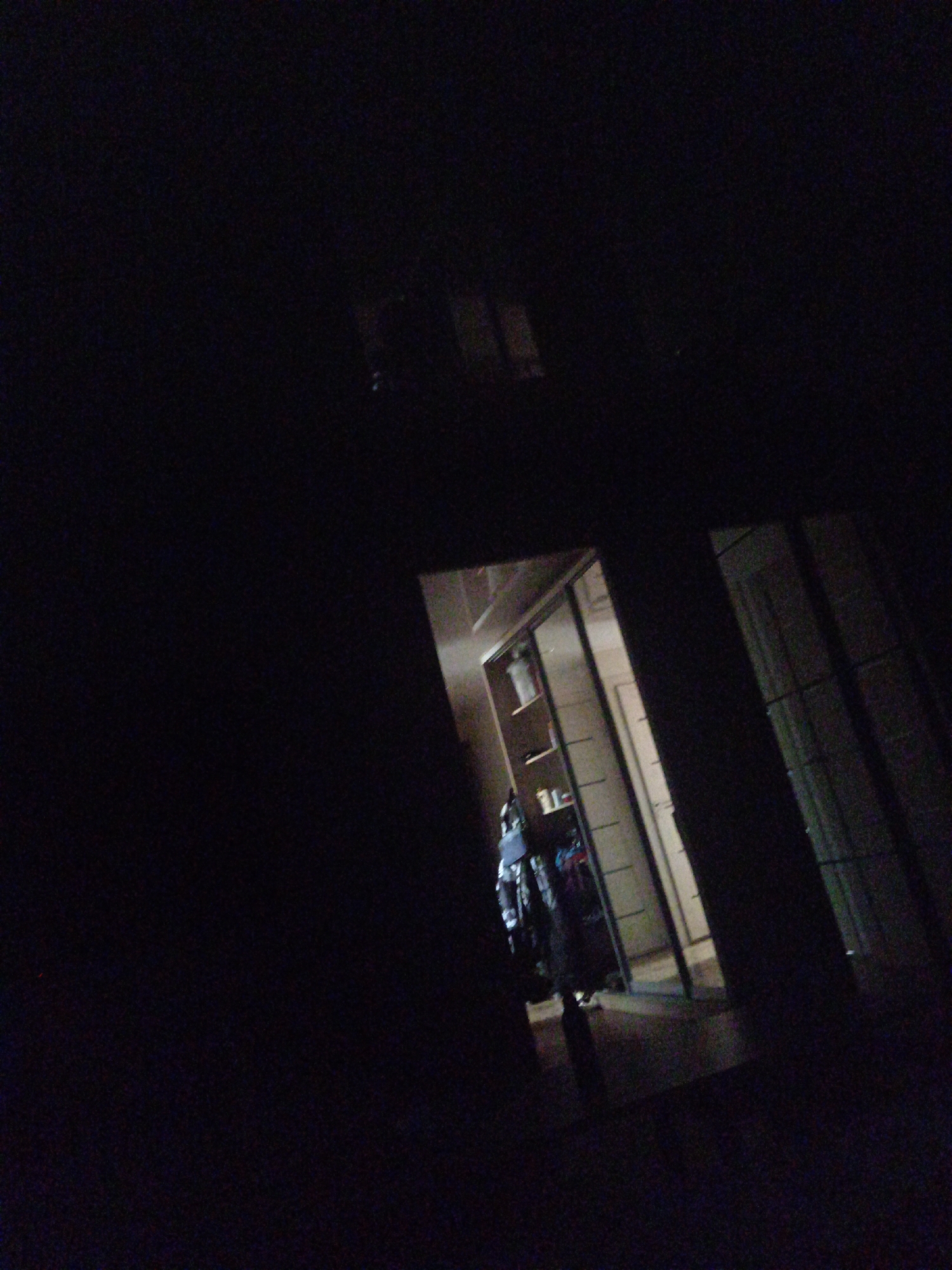 The image depicts an interior scene, possibly a closet or dressing room, with the primary lighting source emanating from a reflective surface on the right, casting faint shadows and highlights. The dominant element is a tall, narrow wardrobe or shelving unit, partially visible on the left, containing shelves with various items. A person, or mannequin, dressed in dark clothing, is standing in front of the shelving unit. To the right of the shelving unit, there are reflective sliding doors, revealing a glimpse of the interior space. The overall ambiance is dark and somewhat underexposed, with a noticeable grainy texture. The location in Kolpino, Russia, is not evident from the visual information provided in the image itself.