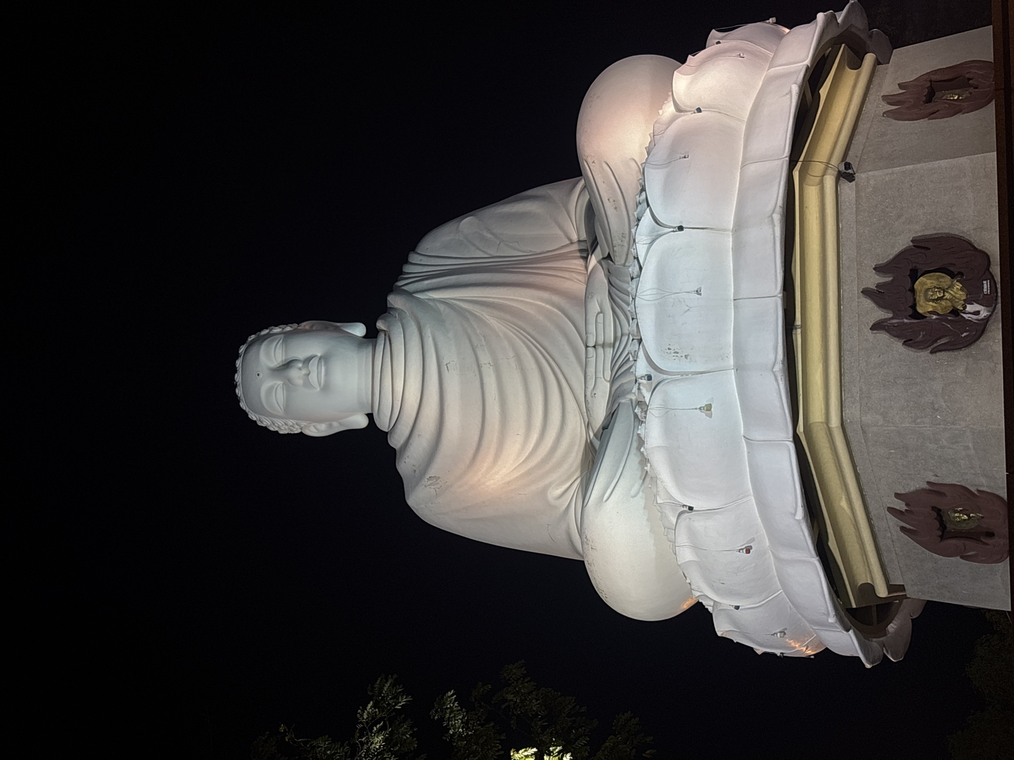 The image shows a large, white, seated Buddha statue at night in Nha Trang, Vietnam. The statue is illuminated, casting a warm glow on its surface. It is positioned on a lotus flower base, which sits atop a decorative pedestal. The pedestal has several flame-like embellishments, each containing a small, golden bust. The background is a dark night sky, with the silhouette of some foliage visible on the left side of the frame. The statue appears to be a significant landmark, likely a place of worship or a tourist attraction.