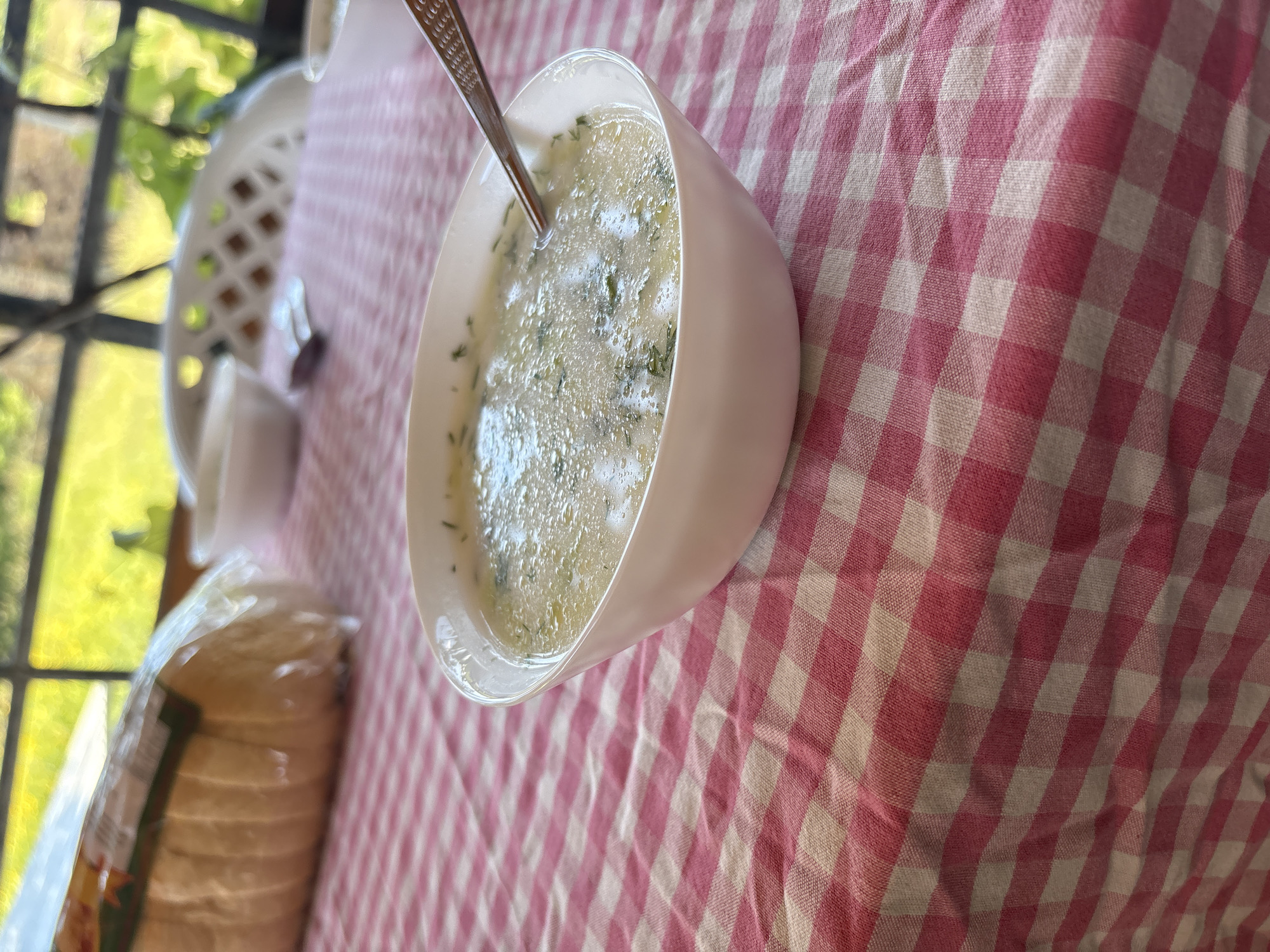 This image captures a daytime meal scene set on a checkered pink and white tablecloth in what appears to be an outdoor or semi-outdoor dining area in Staro Selo, Bulgaria.
The primary subject is a white ceramic bowl positioned in the lower right and center of the frame, containing a light-colored liquid, consistent with soup or stew. The liquid surface exhibits numerous small bubbles and is garnished with finely chopped green herbs, likely dill or parsley. A silver-colored metal spoon, featuring a textured handle with a repeating square pattern, is partially submerged in the liquid, resting within the bowl.
To the upper left, a commercially packaged loaf of sliced white bread, enclosed in clear plastic with an illegible green and orange label, rests on the tablecloth. In the mid-background, two smaller, partially visible white bowls are present, one near the bread and another further to the right. A white plastic outdoor chair, characterized by its lattice-patterned backrest, is partially visible in the upper mid-background.
The background beyond the dining area is blurred, revealing bright green foliage, indicating a sunny outdoor environment. Dark structural elements, possibly part of a window frame or pergola, are visible between the dining area and the exterior view. No individuals are visible, and no active interactions are depicted; the scene is set for a meal.