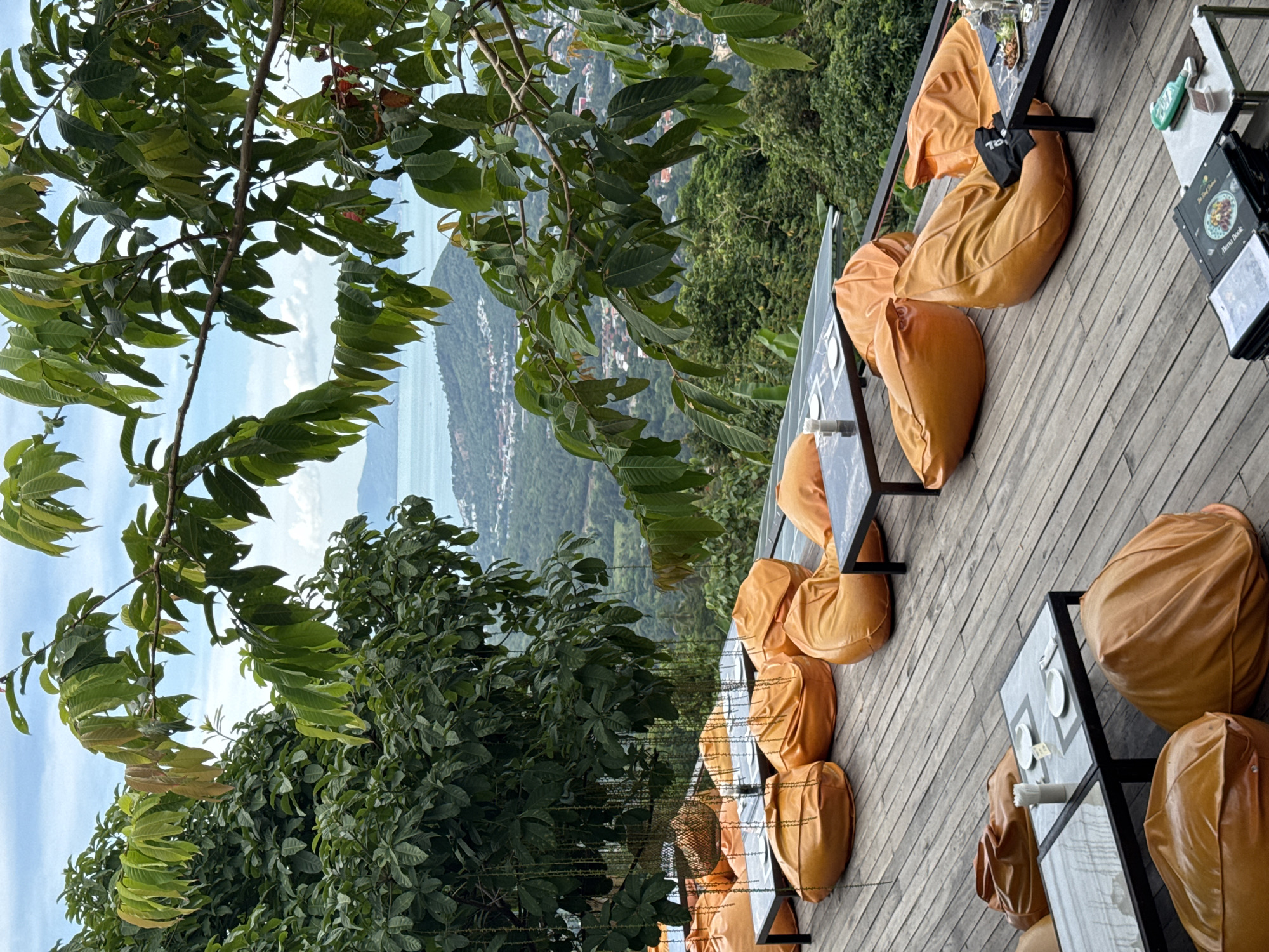 An outdoor seating area with beanbag chairs and tables is shown, overlooking a lush green landscape and a body of water. The seating area is on a wooden deck. Several orange beanbag chairs are scattered around black tables, some of which are set with plates and cutlery. In the foreground, there are more beanbag chairs and tables, with a menu book and a sanitizing bottle on one of the tables. Overhead, branches with green leaves partially obscure the view of the sky and the distant landscape. The scene suggests a restaurant or cafe with a scenic view.