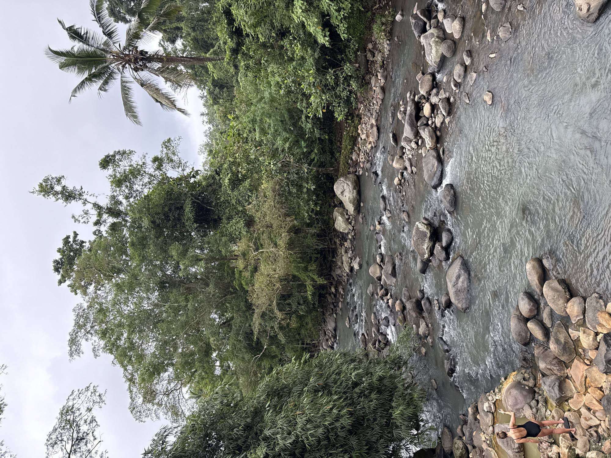 A landscape shows a river flowing from upper right to lower left, flanked by dense vegetation on both sides, including a palm tree at upper left. The riverbed is rocky with water flowing between and around the stones. At the lower right, a person in a dark swimsuit lies on the rocks. The sky overhead is overcast. The location is Unknown, Unknown.
