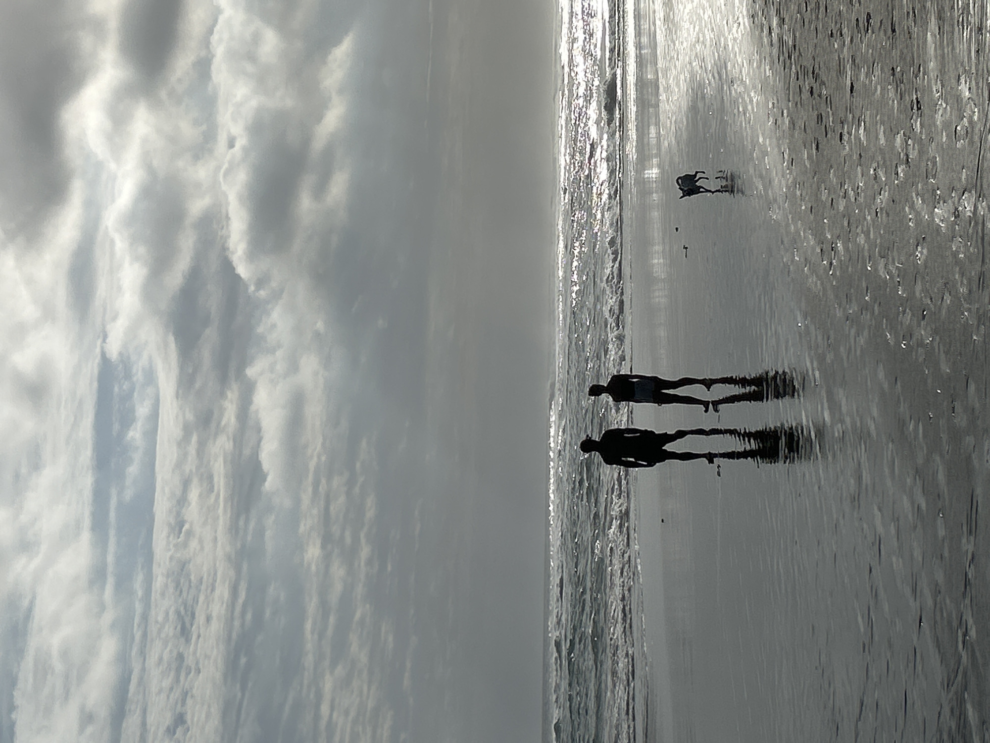 Two people, silhouetted against a cloudy sky, stand on a wet sandy beach. They are facing towards the ocean, where waves are breaking. To the right of the people, a small dog is running towards the ocean. The sun is shining through the clouds, casting a bright reflection on the water. The sand is wet and reflective, showing the reflections of the people and the dog. The sky is filled with large, dramatic clouds. This scene is taking place in North Kuta, Indonesia.
