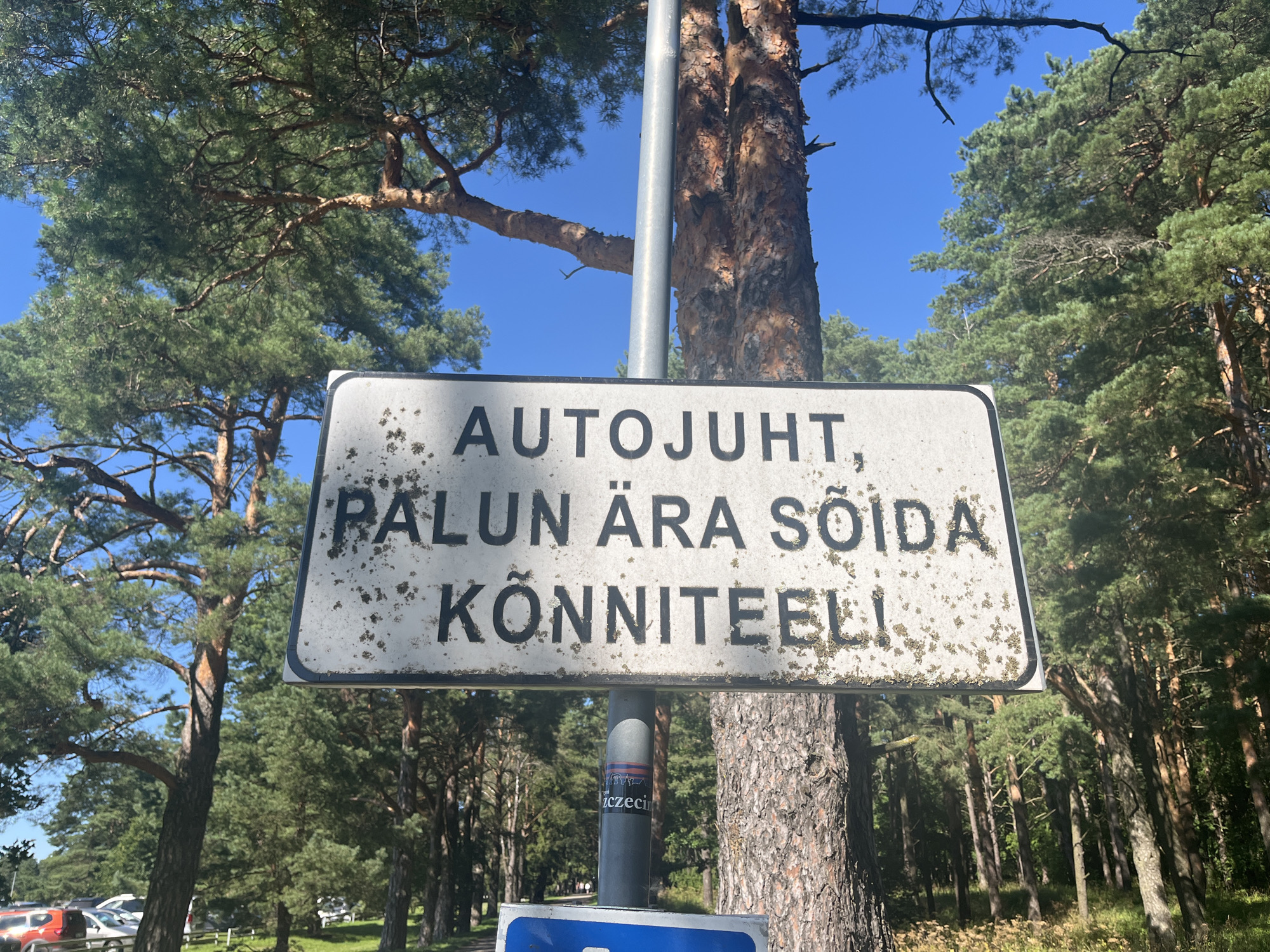 A sign in Estonian reads "AUTOJUHT, PALUN ÄRA SÕIDA KÕNNITEELI," which translates to "DRIVER, PLEASE DO NOT DRIVE ON THE SIDEWALK." The sign is white with black lettering and is mounted on a metal pole. It is surrounded by trees with green foliage and a bright blue sky. The sign appears to be old and weathered, with some dirt and lichen on its surface. In the background, there is a glimpse of cars parked in a lot, suggesting an urban or semi-urban environment. The overall scene suggests a public area where pedestrian safety is being emphasized.