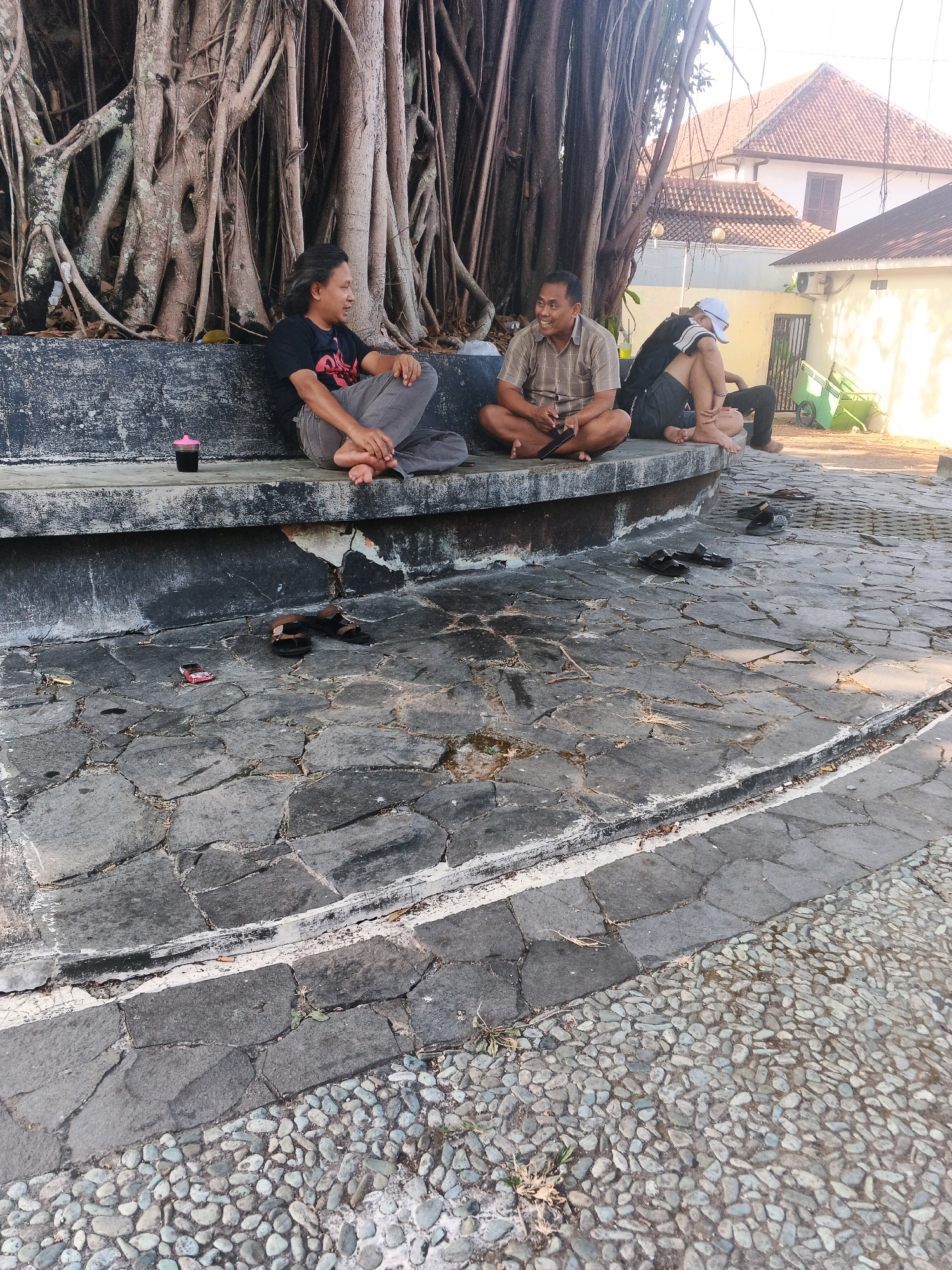In Ungaran, Indonesia, three men are seated on a concrete bench beneath the sprawling roots of a large tree. The man on the left, with long dark hair, wears a black t-shirt and grey pants, with a pink-lidded cup next to him. To his right, a man in a plaid short-sleeved shirt and dark pants sits with a smartphone in his lap. On the far right, a man in a black t-shirt and grey shorts, wearing a white cap, leans back, with his arm around the man next to him. The ground in front of the bench is paved with irregular dark grey stones, interspersed with smaller, lighter grey pebbles. Several pairs of sandals are scattered on the stone paving. In the background, a yellow building with white trim and a terracotta-tiled roof is visible, along with a green gardening cart. The scene suggests a relaxed outdoor gathering in a public space.