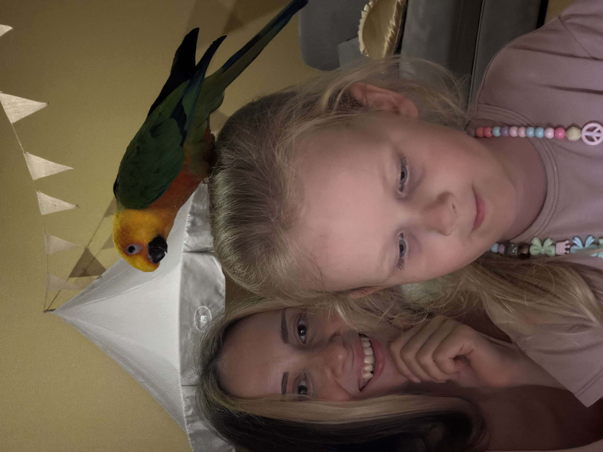 An indoor, medium-shot, eye-level photograph shows a woman and a young girl, both looking down and to the right, out of frame. The woman, in the background on the left, has blonde hair with dark roots and is smiling, with her chin resting on her hand. The girl, in the foreground on the right, has blonde hair and is wearing a light pink shirt with a multi-colored beaded necklace. A brightly colored parrot, with green, orange, and yellow plumage, is perched on the girl's head. Behind them, a white tent-like structure with a pointed top is visible, and above that, a string of white triangular flags hangs against a textured yellow wall. The background on the right includes a gray sofa and a golden pillow. The lighting is dim and warm, creating a cozy atmosphere. The image is sharp and well-lit, with good detail in the subjects and their surroundings. The photograph appears to have been taken in a residential setting, likely in an apartment or house. The woman's clothing and hair suggest a casual and relaxed mood. The parrot's presence adds a playful and unexpected element to the scene. The overall composition is balanced, with the subjects and objects arranged in a pleasing manner. The presence of a tent and flags suggests a child's play area or a themed room. The photograph evokes a sense of warmth, happiness, and familial connection. The image is not accompanied by any information about its specific location in Khimki, Russia.