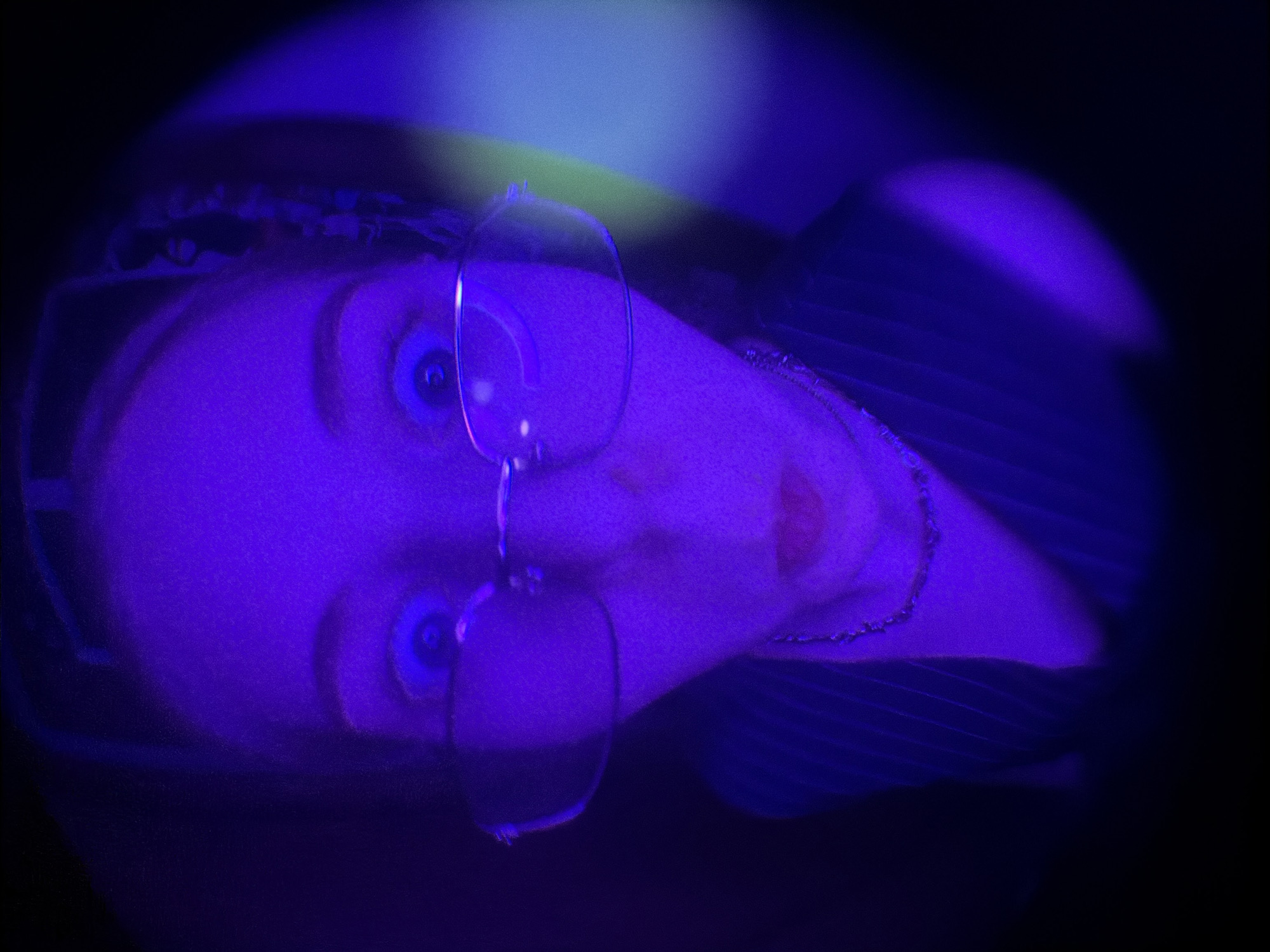 The image presents a close-up, diagonally oriented portrait of a person's face, primarily lit by strong purple and blue artificial light. The person, who appears to be female, is looking upwards with wide, engaged eyes. They are wearing glasses, which reflect the purple light. A hint of lipstick is visible on their lips, and a thin chain or necklace adorns their neck.
The scene is dark, dominated by the vibrant purple and blue illumination, suggestive of a nightclub, concert, or art installation setting. A faint patch of greenish-yellow light appears in the upper left quadrant, blending into the blue background. The main activity depicted is the person observing something above them, their gaze fixed intently.
Notable details include the dramatic color palette and the high contrast between the brightly lit face and the surrounding darkness. The image exhibits a grainy texture, possibly due to low-light conditions. The time of day is implied to be night or an indoor setting with controlled lighting. There are no specific location cues within the image itself, but the provided context states the location is Perm, Russia. The subject's expression conveys curiosity, focus, or wonder. No visible text is present in the media file.