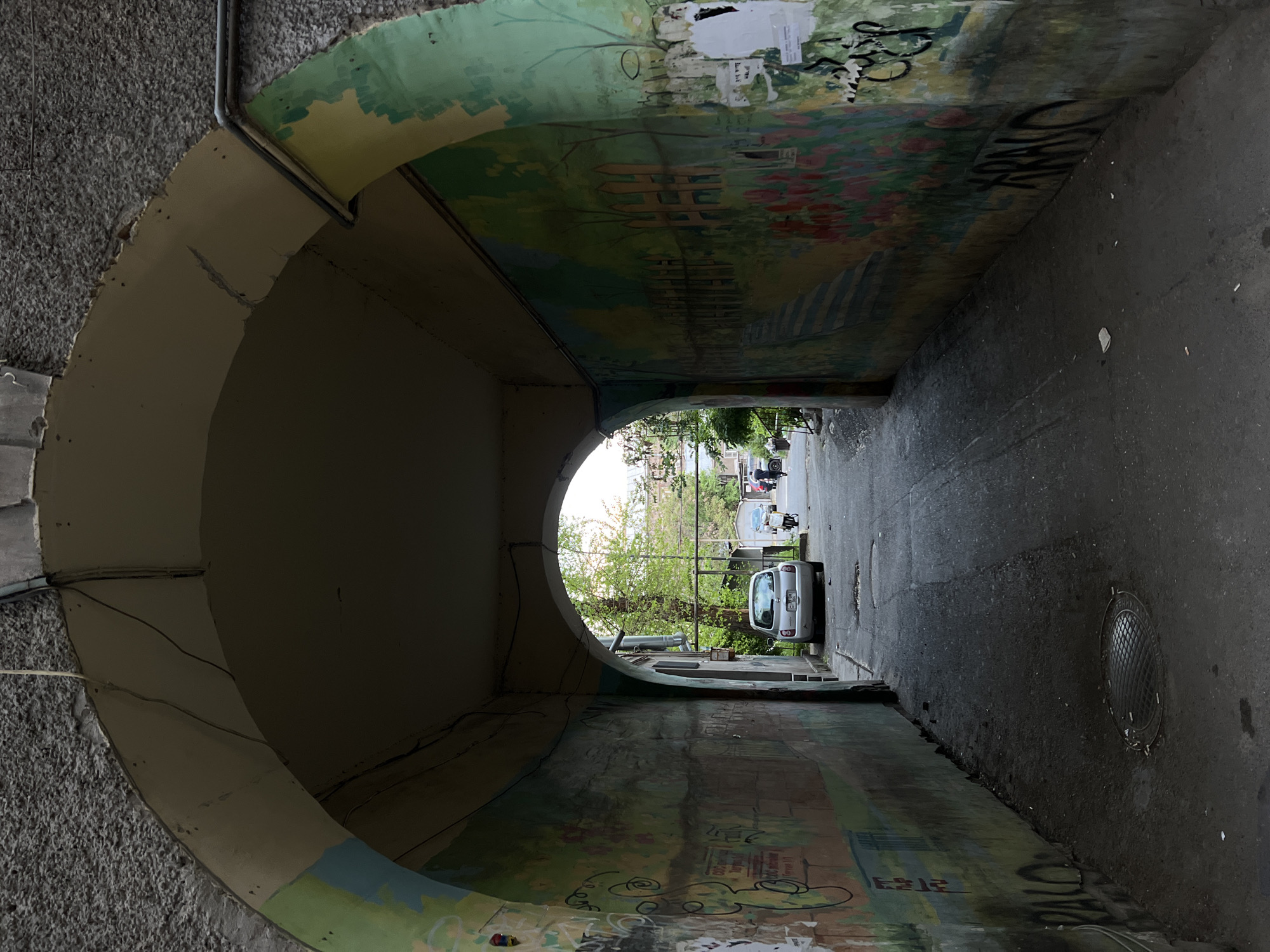 View through an arched passageway in Yerevan, Armenia. The walls of the passageway are painted with a mural depicting trees and other vegetation. Graffiti is present on the walls. At the end of the passageway, a street is visible with several vehicles, including a light-colored car parked on the right side of the road. On the right side of the road inside of the passageway is a manhole cover.