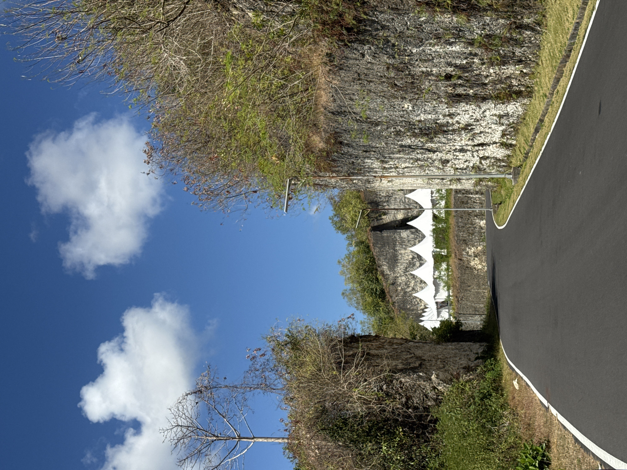 The image depicts a winding asphalt road passing between two sheer, rocky cliffs in Kuta Selatan, Indonesia. The road is bordered by a white line on the left and a strip of green grass and decorative stones on the right. Sparse, dry vegetation and trees cling to the top and sides of the cliffs, with more lush green foliage visible in the distance. In the background, several white, conical tents are set up, suggesting an event or temporary structures. The sky above is a clear, vibrant blue with a few white, fluffy clouds. Two streetlights are positioned along the right side of the road. The scene is naturalistic and appears to be a roadway leading to an area with tents, possibly a venue or resort. There are no people visible in the image.