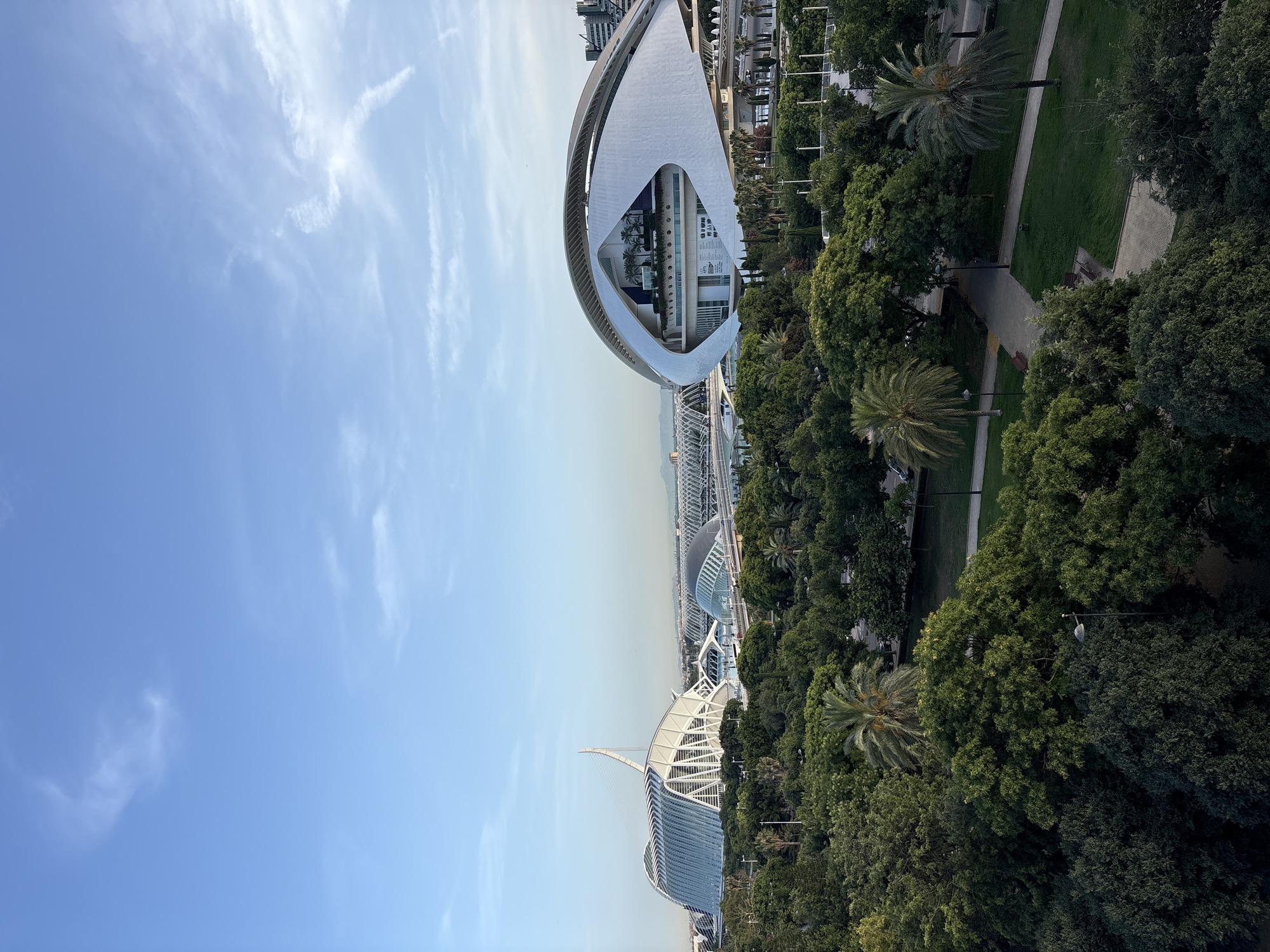 The image showcases the City of Arts and Sciences in Valencia, Spain. The main subject is the striking architecture of the complex, featuring the Hemisfèric and the Palau de les Arts Reina Sofía. The Hemisfèric, with its distinctive eye-like shape and white shell, is prominently displayed on the left. Behind it, the Palau de les Arts Reina Sofía, a large, sculpted structure, is partially visible.
The setting is a sunny day, suggested by the bright sky with wispy clouds. The buildings are surrounded by lush green trees and manicured parkland, indicating an outdoor public space. Winding paths are visible within the park, suggesting people may be present or have recently been there, though no individuals are clearly discernible. The time of day appears to be late afternoon or early evening, given the angle of the sunlight and the warm hues in the sky.
The architecture is modern and futuristic, characterized by curved lines and expansive white surfaces. Palm trees are scattered throughout the park, adding a tropical touch to the urban landscape. In the distance, more buildings and infrastructure are visible, hinting at the extent of the city. The overall mood is one of serenity and architectural marvel. There is no visible text in the image.