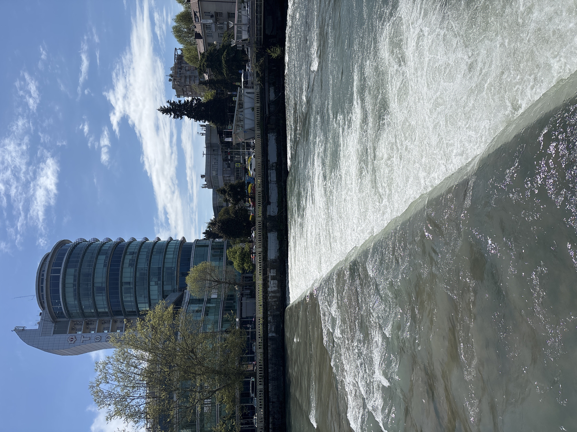 The image shows a river dam in Sochi, Russia. A large volume of water cascades over the dam's edge into the river below, creating a frothy and turbulent surface. On the riverbank, there is a mix of greenery, including trees and shrubs. A modern, cylindrical building with a glass facade stands prominently against the skyline. The building is multi-story and features a rounded top, likely of a commercial or office design. Behind the glass building, there are also more traditional buildings. The sky is blue with scattered white clouds. The overall lighting suggests it is a bright, sunny day. There are no people visible in the shot. The environment suggests a controlled, urbanized river system within the city.