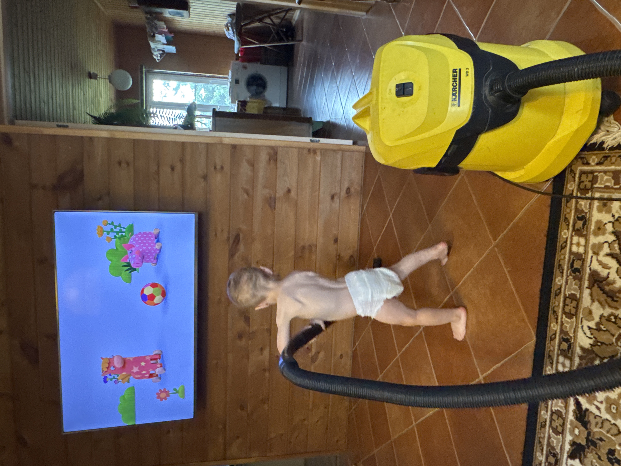 The image shows a young child, wearing a diaper, playing with a yellow Karcher vacuum cleaner. The child is on their hands and knees, holding the vacuum hose, appearing to be engaged in play. In the background, a television screen displays a cartoon with animated characters and colorful graphics. The setting appears to be indoors, possibly a living room or playroom, with wooden paneled walls and a tiled floor. A patterned rug is visible to the right of the vacuum cleaner. The overall scene suggests a casual, domestic environment, likely in Zassovskaya, Russia, given the location context. There is no indication of the time of day or weather conditions. The visible text on the vacuum cleaner reads "KARCHER WD 3". The child's demeanor seems playful and absorbed in their activity.