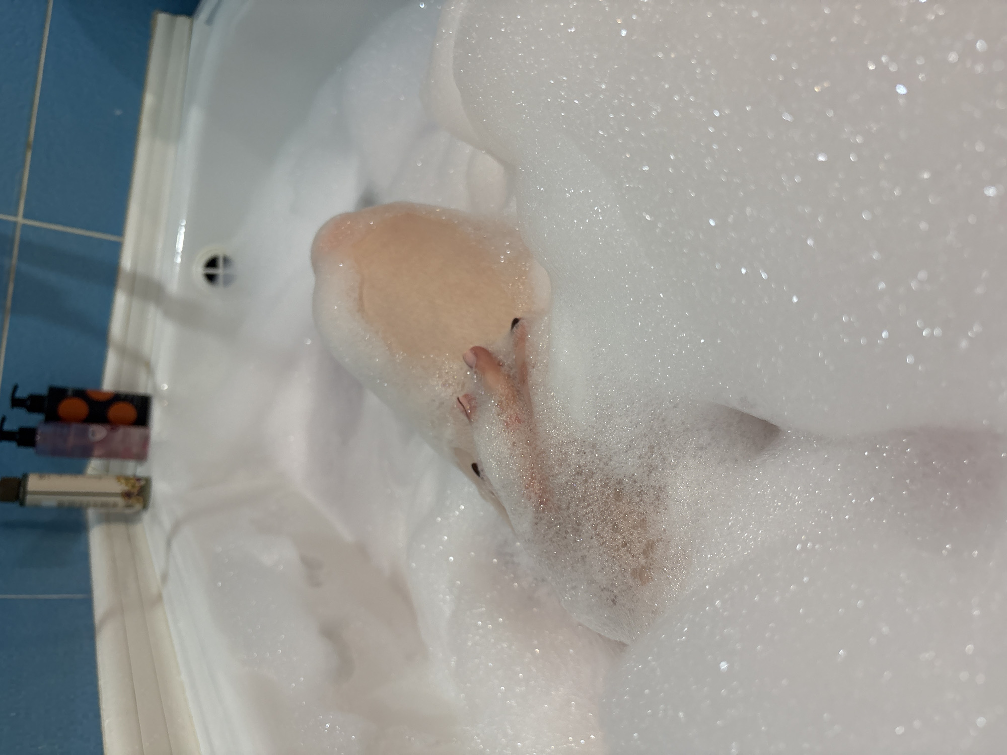 The image captures an intimate, high-angle view of a person enjoying a bubble bath in what appears to be a modern bathroom. The primary subject is a person's lower body, specifically their legs and feet, largely submerged in and covered by a voluminous amount of white, sparkling foam. Only parts of the skin are visible through the dense bubbles, suggesting a fair complexion.
The setting is a white bathtub, mostly obscured by the frothy bubbles. A round drain is visible in the upper-left section of the tub. To the left, lined up on the edge of the bathtub against a blue tiled wall, are three bottles with pump dispensers, likely containing bath or body products. Their labels are indistinguishable due to distance and blur, though one has a distinct orange pattern, another appears purple, and the third is lighter in color. The blue tiles on the wall are square-shaped, forming a grid pattern.
The overall scene conveys a sense of relaxation and comfort. The abundant bubbles suggest a luxurious and soothing bath experience. The lighting is soft, highlighting the effervescence of the foam. While not visually evident in the image itself, the provided context indicates the location is Izhevsk, Russia. No visible text is clearly discernible on any objects within the frame.