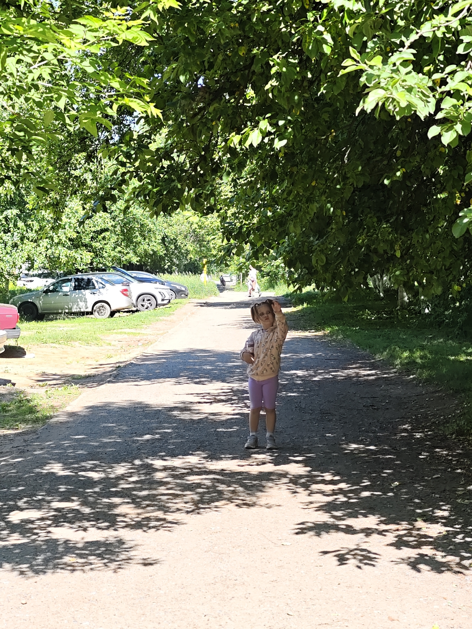 An outdoor medium shot shows a young girl standing on a gravel path under a tree canopy. The girl is wearing a light-colored hoodie with a print and light purple shorts, and is looking up and to the right with her right arm raised. In the background, several cars are parked on the side of the path, and other people are visible further down the path. The scene is lit by sunlight filtering through the leaves, creating dappled shadows on the ground. The location is a park or residential area in Chaikovsky, Russia.