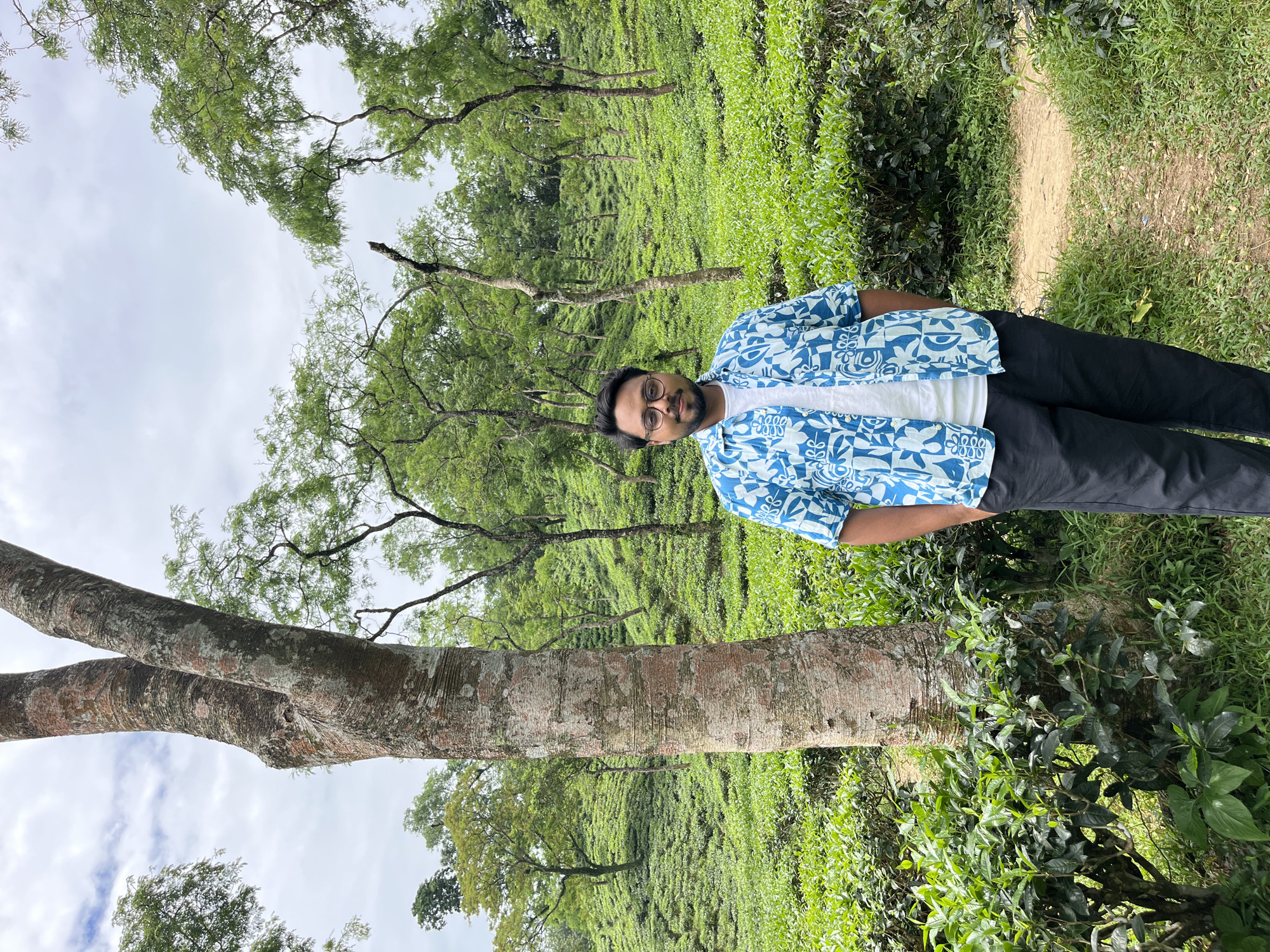 A young man stands on a dirt path in a tea garden in Sylhet, Bangladesh. He is wearing a blue and white patterned short-sleeved shirt, a white t-shirt, and black pants. He has glasses and is looking at the camera with a slight smile. The tea garden is lush and green, with rolling hills covered in tea bushes. Several trees are scattered throughout the garden, including a large tree in the foreground to the left of the man. The sky is overcast, with some clouds visible.