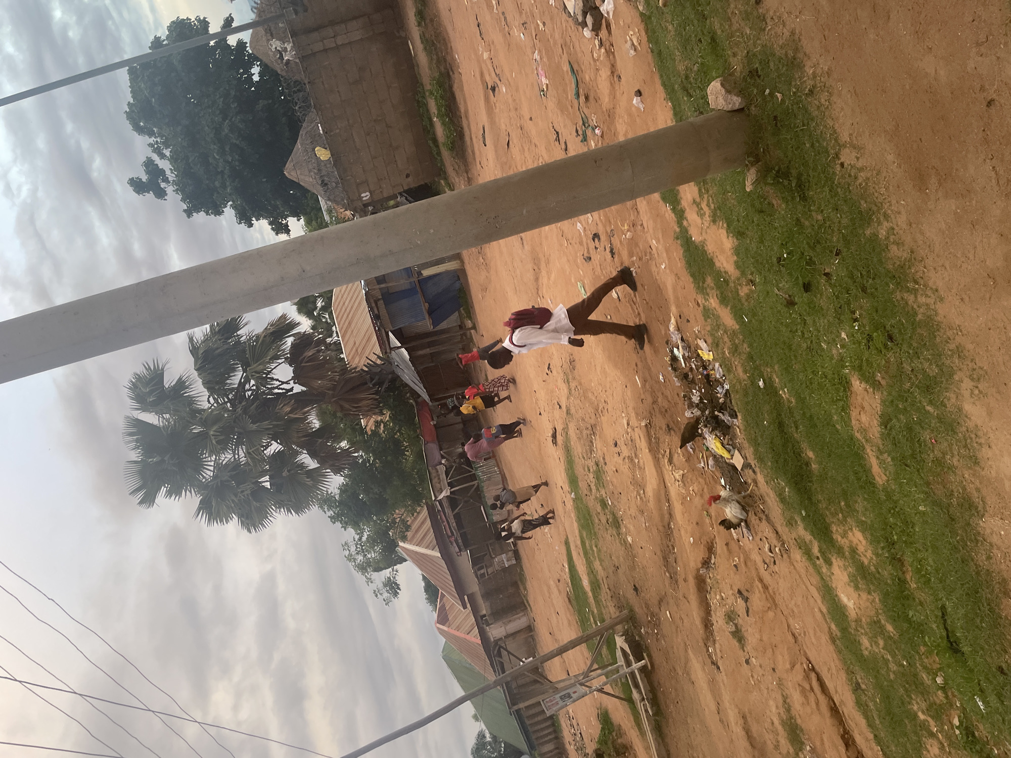 This image depicts a street scene in Jalingo, Nigeria, characterized by a dirt road and scattered vegetation. In the foreground, a concrete utility pole is prominently positioned, leaning slightly. To the left of the pole, a small white sign with black lettering is mounted on a wooden frame. The ground is a mix of red dirt and patches of green grass. Litter, including plastic bags and paper, is visible along the roadside and near a pile of debris.
Several people are present in the mid-ground. A young person wearing a white shirt and brown pants, with a red backpack, is walking towards the right of the frame. Further back, a group of individuals, including children, are walking or standing. Some appear to be heading in the same direction as the person with the backpack, while others are stationary.
The background features several buildings with corrugated metal roofs, some appearing to be shops or residences. Behind these, a large palm tree with sparse fronds stands tall. To the right, a brick wall with barbed wire on top encloses an area with thatched-roof structures. The sky is overcast with gray clouds. Two chickens are visible in the lower left quadrant of the image, one light-colored and the other darker. A larger dark bird, possibly a chicken, is near the pile of trash.