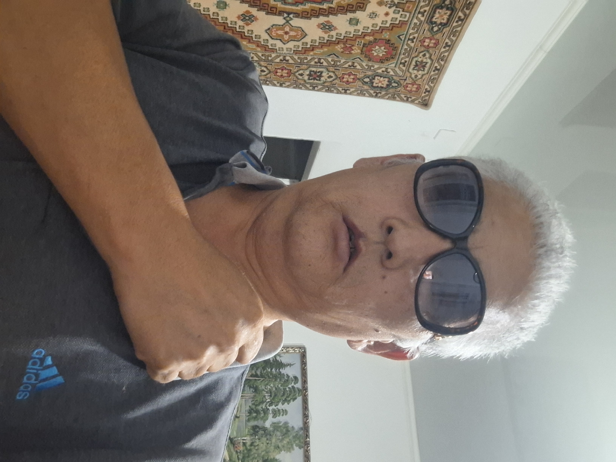 A man with white hair and sunglasses is posing for a selfie indoors. He is wearing a grey Adidas t-shirt. Behind him, a tapestry hangs on the wall to his left, and a framed landscape painting is visible on the wall to his right. The room appears to be a residential setting in Almaty, Kazakhstan.
