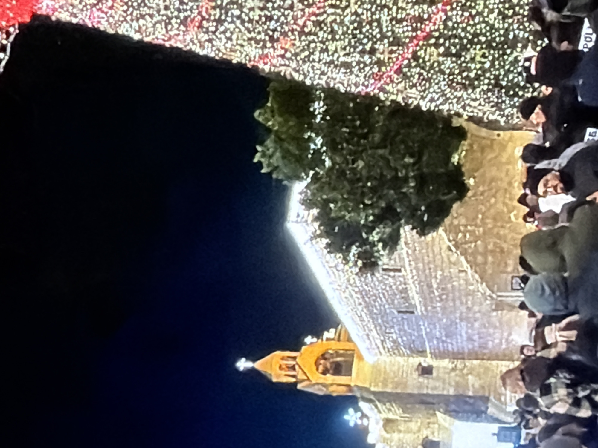 Here is a description of the image:
The image depicts a nighttime scene of a stone building, possibly a church, illuminated with lights. A tree is visible near the building. A crowd of people is gathered near the structure. Above, there's an area filled with bright, diffuse lighting, suggesting decorations or lights. Based on the presence of lights and the appearance of the building, it is likely a holiday or festive event is occurring.