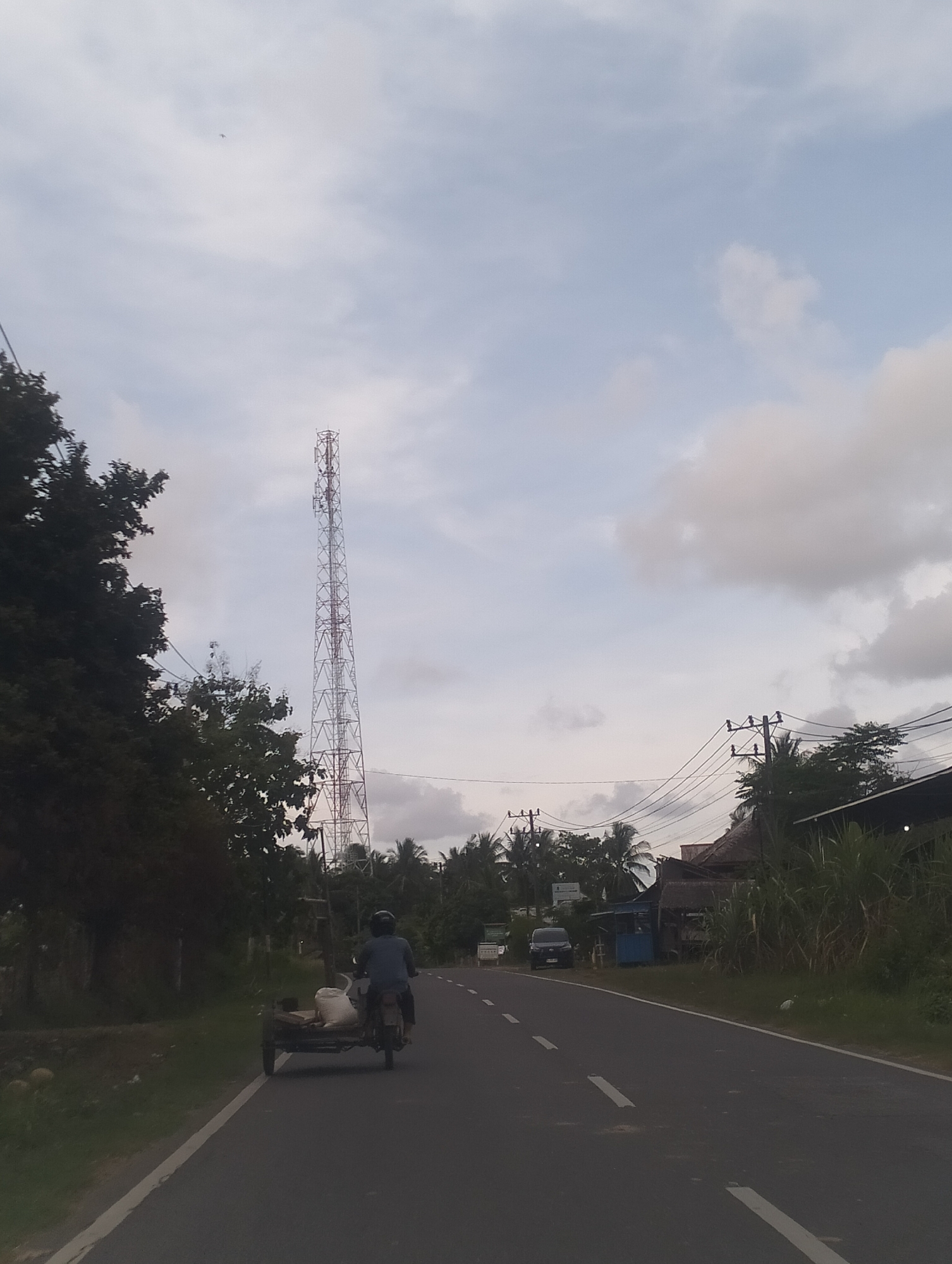 The image shows a rural road scene in Payadua, Indonesia, under a cloudy sky. A tall telecommunications tower stands prominently in the background, to the left of the frame. A motorcycle with a sidecar, carrying what appears to be sacks, is traveling away from the viewer on the right side of the road. The motorcycle is being ridden by a person wearing a blue shirt and a helmet. To the right of the road, there are several buildings with thatched roofs, dense vegetation including tall grasses and palm trees, and utility poles with electrical wires. A black SUV is parked on the side of the road near one of the buildings. The road itself is paved with white dashed lines marking the lanes. On the far left, there is dense foliage and trees.