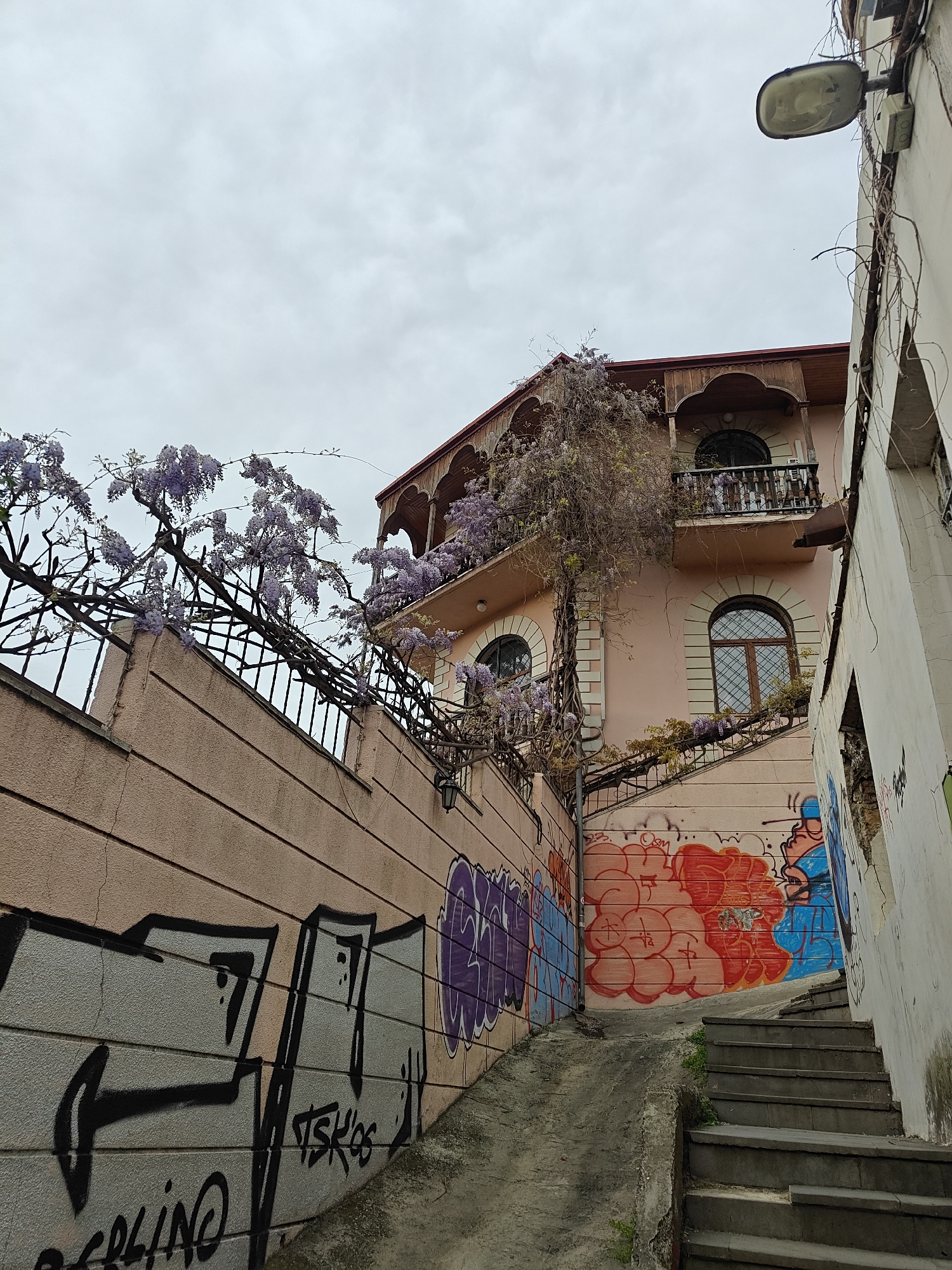 This media file depicts a narrow, ascending alleyway in Tbilisi, Georgia, under an overcast sky. The scene is dominated by a multi-story building on the left, featuring a light peach-pink facade, traditional Georgian-style wooden balconies with intricate carvings, and arched windows. Numerous wisteria vines, adorned with clusters of light purple flowers, extensively cover the building's facade and drape over a black metal trellis running along a retaining wall.
The retaining wall, also peach-pink, runs alongside the sloping concrete pathway and is covered with various graffiti tags and stylized lettering. Below the wisteria, horizontal indentations are visible on the wall's surface, along with some minor cracking. To the right, a plainer white building forms the other side of the alley, with an old, yellowed street lamp mounted high on its wall. Dry, bare vines cling to this white facade.
The ground comprises a concrete pathway that gradually slopes upwards, accompanied by a set of concrete steps leading further into the alley. The lower sections of the walls and the base of the buildings are heavily covered in colorful graffiti, including large bubble letters in red, blue, and purple. Visible text among the graffiti includes "BERLINO" and "TSKOS."
The time of day is daytime, with soft, diffused lighting due to the cloudy weather. No people or specific activities are visible, presenting a quiet urban landscape. The combination of traditional architecture, blooming wisteria, and contemporary street art creates an eclectic and picturesque atmosphere.