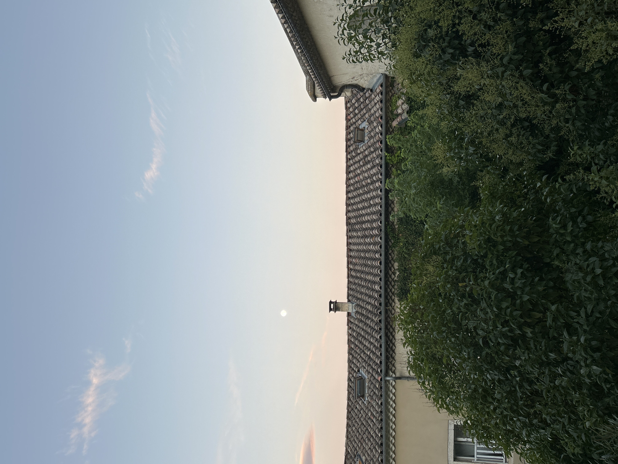 The image shows a view of rooftops and trees in the town of Saint-Marcel-lès-Sauzet, France. The sky is a pale blue with a few wispy clouds, tinged with pink near the horizon. The moon is visible as a bright, small orb in the upper portion of the sky. In the foreground, a dense canopy of green trees fills the lower half of the frame. Above the trees, tiled rooftops of houses are visible, characterized by their earthy tones and consistent pattern. One rooftop features a chimney stack with a metallic cap. A small window is visible on the side of a pale yellow building peeking through the foliage. The overall impression is one of a quiet, residential setting in a French town, likely during the late afternoon or early evening.