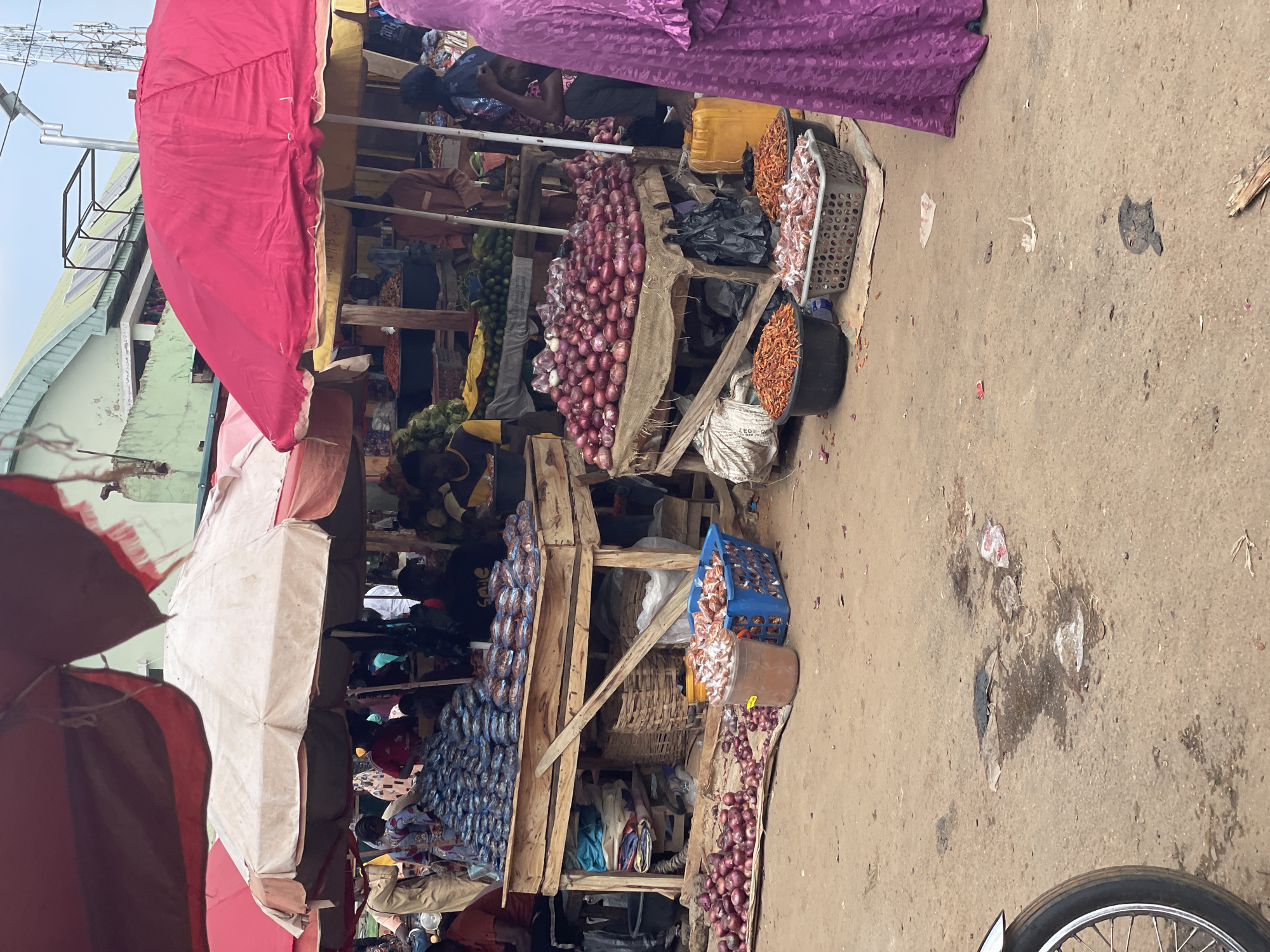 The image depicts an outdoor market scene, likely in Akwanga, Nigeria. The foreground is dominated by market stalls with a variety of goods for sale. Prominently displayed are large piles of red onions, baskets filled with dried chilies, and what appear to be packaged food items or spices. Shelves within the stalls hold more packaged goods and what could be textiles or clothing.
Several people are visible, some tending to the stalls and others potentially shopping. One person is wearing a vibrant purple garment, while others are dressed in everyday clothing. The market appears to be bustling, with goods arranged for display and sale. The overall impression is of a busy local marketplace.
The setting is outdoors, with a dirt or sandy ground surface. There are awnings and structures made of wood and fabric providing shade over the stalls. In the background, elements of the surrounding environment are visible, including parts of buildings and some overhead structures that might be part of a larger market or infrastructure.
The time of day appears to be daytime, likely morning or afternoon, given the ambient light. The weather seems fair, with no indication of rain. The overall mood conveyed is one of everyday commerce and activity. There is no discernible text visible in the image.