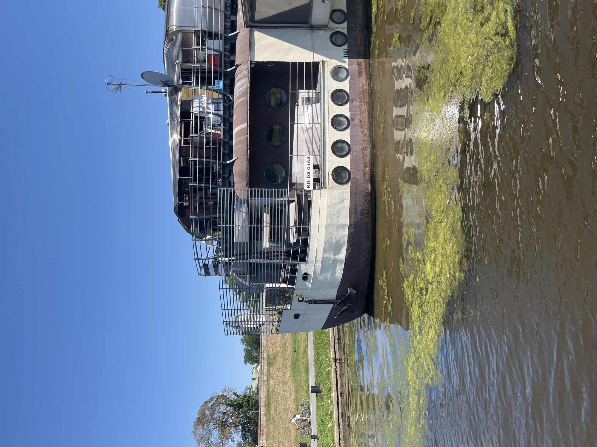A wide-angle, eye-level, vertical shot captures the starboard side of a large, docked vessel on a sunny day, with a clear blue sky overhead. The vessel, appearing to be a converted ferry or barge, has a white hull with a dark brown waterline. It features multiple circular windows, some of which are portholes, and a rusted metal superstructure with a railing. A license plate reading "KR-03-0168" is visible on the side.
The water in the foreground is a murky brown and is heavily covered with bright green algae. In the background, a grassy embankment slopes up to a pathway where a person is riding a bicycle, followed by another bicycle. A single tree with sparse foliage stands on the left side of the embankment. The scene suggests a location along a river or canal within the city of Krakow, Poland, possibly the Vistula River, given the "KR" prefix on the license plate, which often denotes Krakow. The overall impression is one of a peaceful, sunny day in an urban waterway.
