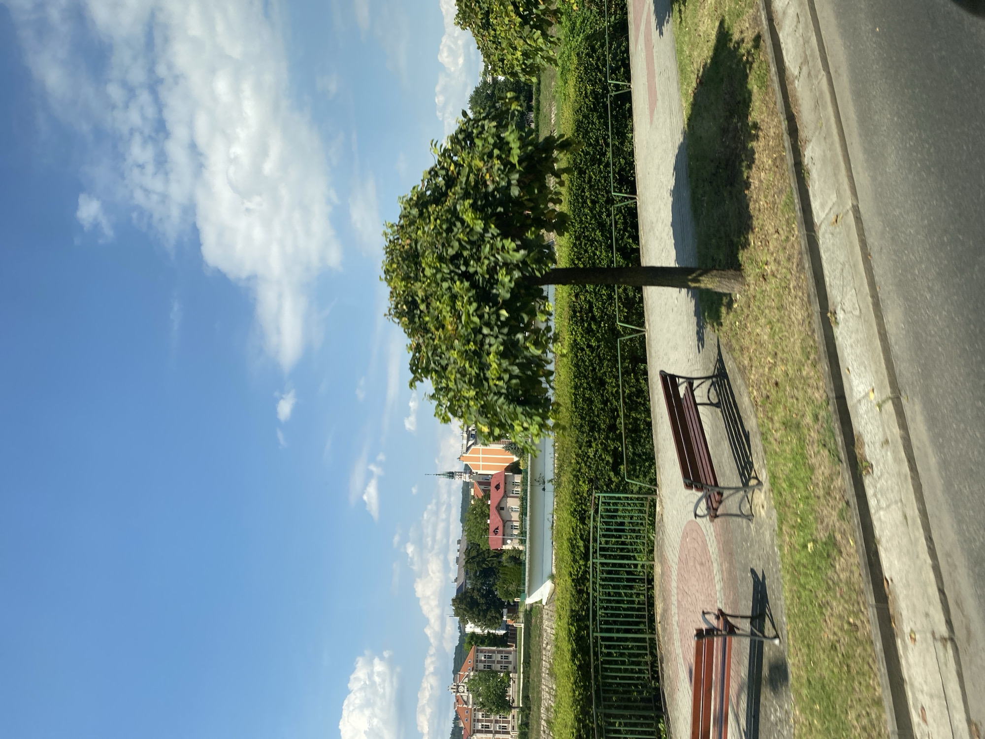 The image depicts a scenic view of the San River in Przemyśl, Poland, on a clear, sunny day. In the foreground, two empty wooden park benches with dark metal frames are placed on a paved area adjacent to a grassy slope. A well-maintained green hedge forms a border behind the benches, separating the park area from the riverbank. Beyond the hedge, the San River is visible, with a white structure resembling a boat or a modern sculpture positioned on its surface.
Across the river, the cityscape of Przemyśl unfolds. Several buildings with traditional architecture and orange-tiled roofs are visible, including a prominent building with an orange facade and a steeple. Trees with lush green foliage are scattered throughout the city and along the riverbank, adding to the picturesque setting. The sky is a vibrant blue, dotted with fluffy white clouds. The overall impression is one of a tranquil urban park setting by the river.