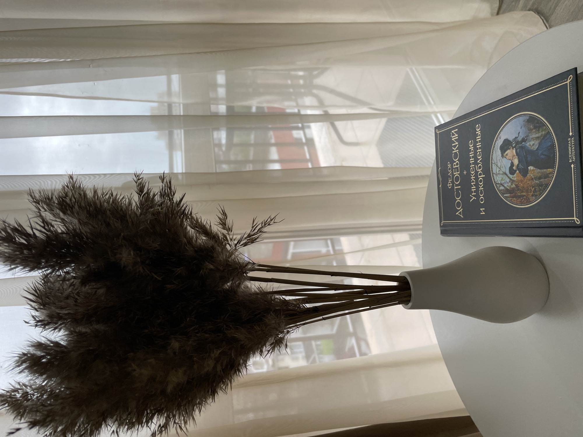 The image shows a still life on a white round table. A white vase holds dried pampas grass. Next to the vase sits a book by Fyodor Dostoevsky, titled "Humiliated and Insulted" in Russian. In the background is a window with sheer curtains, revealing an outside view with what appears to be a building. The image could be taken in Sochi, Russia, given the Cyrillic lettering on the book. There are no people visible in the image.