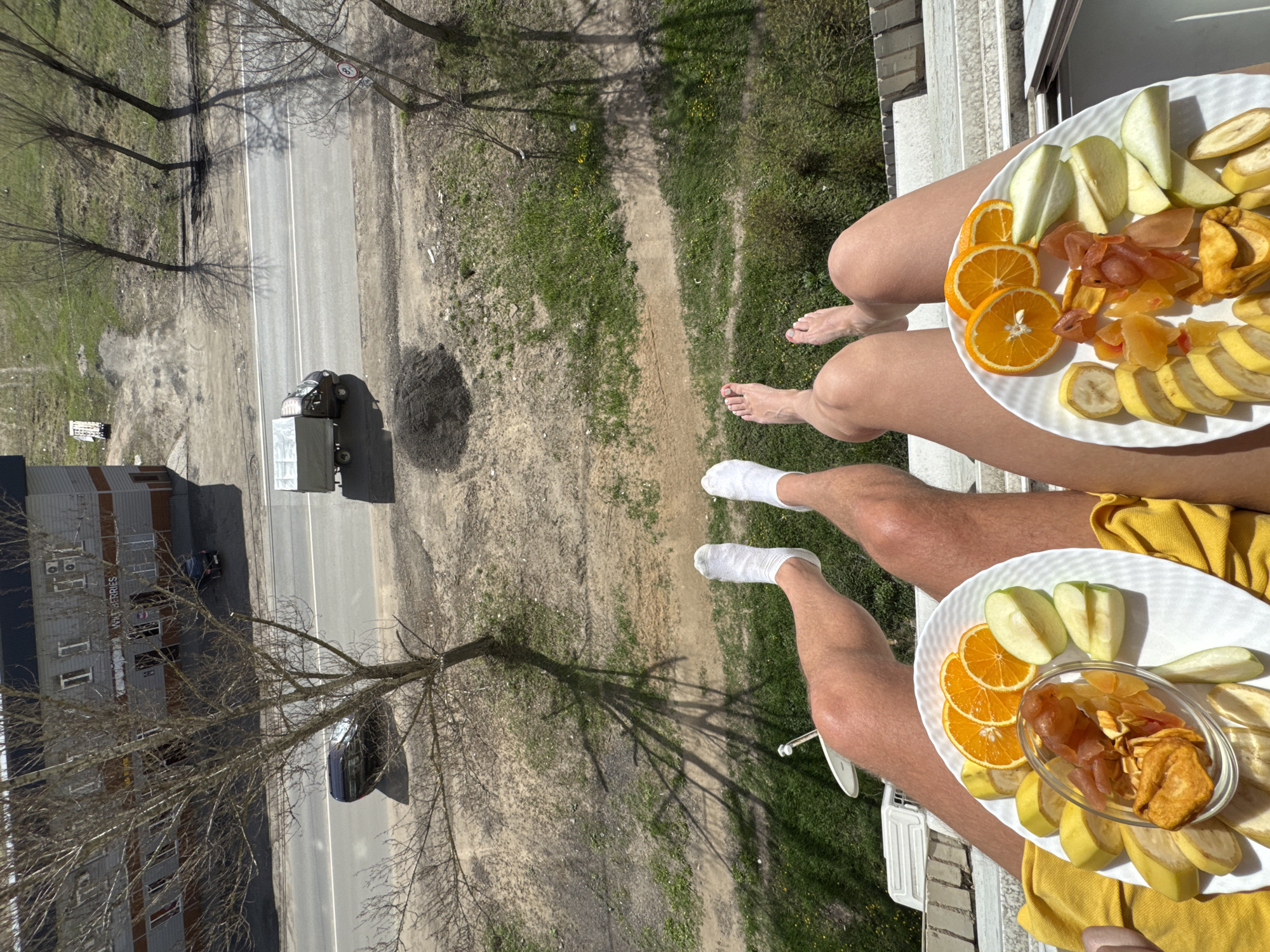 This image, taken from a high vantage point, likely a balcony or window in Novo-Nikolskoye, Russia, shows two individuals' legs and feet resting on the edge, looking down onto a street and adjacent terrain.
**Subjects:** The primary subjects are the lower halves of two people. One person is barefoot, while the other wears white socks. Both are holding white plates laden with fruit. The person on the left (barefoot) has a plate with sliced oranges, green apple wedges, sliced bananas, and a bowl of dried fruits including what appears to be dried persimmon and apple chips. The person on the right (in socks) has a similar plate.
**Scene and Setting:** The scene is an outdoor, urban or semi-urban environment viewed from above. Directly below is a two-lane asphalt road with white markings, flanked by grassy areas with bare trees, suggesting late winter or early spring. A dark-colored truck with a light-colored cargo box is visible on the road, alongside another dark car parked further down. A multi-story building, possibly commercial or mixed-use, is visible on the left side of the road.
**Activity or Event:** The individuals appear to be relaxing and enjoying a fruit snack, possibly breakfast or a leisurely afternoon treat, while observing the view below.
**Notable Details:** The bright sunshine and long shadows cast by the bare trees indicate either morning or late afternoon. The sky is clear, suggesting good weather. The trees are devoid of leaves, common for early spring. A circular red and white road sign, possibly indicating a weight limit like "6T" (6 tons), is visible by the roadside. On the building across the street, the partial text "WHI BERRIES" is visible above an entrance. A pile of dark earth or debris is present on the grassy patch near the truck. The overall impression is one of peaceful observation and enjoyment of a sunny day.
