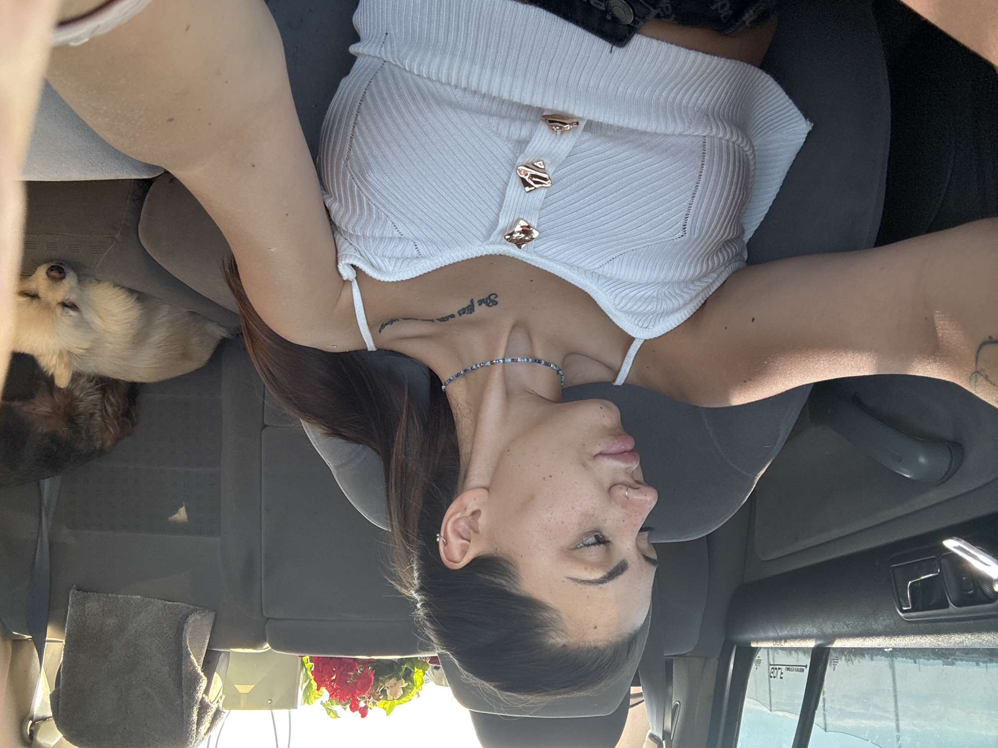 The media file depicts a young woman in the passenger seat of a car, with two dogs in the backseat. The woman is lying down, with her head resting on the seat, and appears to be looking away from the camera. She is wearing a white ribbed tank top with gold buttons. Her hair is long and dark, and she has freckles on her face. A tattoo is visible on her chest, and she is wearing a beaded necklace.
One dog is a small, light-colored fluffy breed, possibly a Pomeranian, lying down with its eyes closed. The other dog is darker and appears to be sleeping or resting. The interior of the car is visible, including the seats, a car door handle, and a window. A grey towel is placed on the backseat, and a bouquet of red flowers is visible in the lower left corner of the image.
The lighting suggests it is daytime, possibly late afternoon, with sunlight coming through the car windows. The overall mood appears relaxed and casual. There is no visible text in the image. The setting is consistent with a car interior in Sofia, Bulgaria.