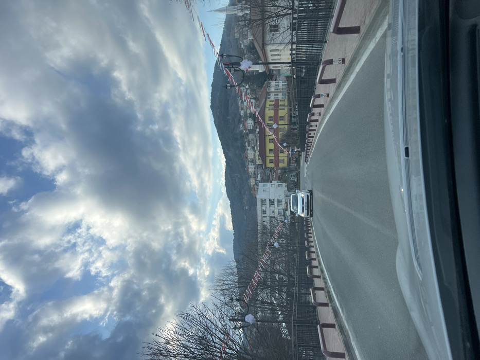 The image depicts a daytime scene in Chubrika, Bulgaria, viewed from the interior of a vehicle looking forward over its dashboard. A paved road, marked by a white center line, extends into the midground. On either side of the road are black metal railings adorned with decorative lampposts, between which red and white fabric banners are strung. Beyond the railings, a series of U-shaped metallic barriers with reddish-brown upper sections are present.
In the midground, a white Volkswagen hatchback, facing the camera with its headlights illuminated, occupies the opposite lane of the road. To the left of the road, bare-branched deciduous trees are visible. To the right, a tall, white steeple of a building (possibly a church or mosque minaret) rises above the structures.
The background features multiple-story residential and commercial buildings with varied facades, including a prominent white building on the left and a yellow building further right. These structures are situated on a verdant, tree-covered hillside that culminates in a large mountain. The sky above is partially cloudy, with patches of blue visible. No individuals are discernible in the scene.