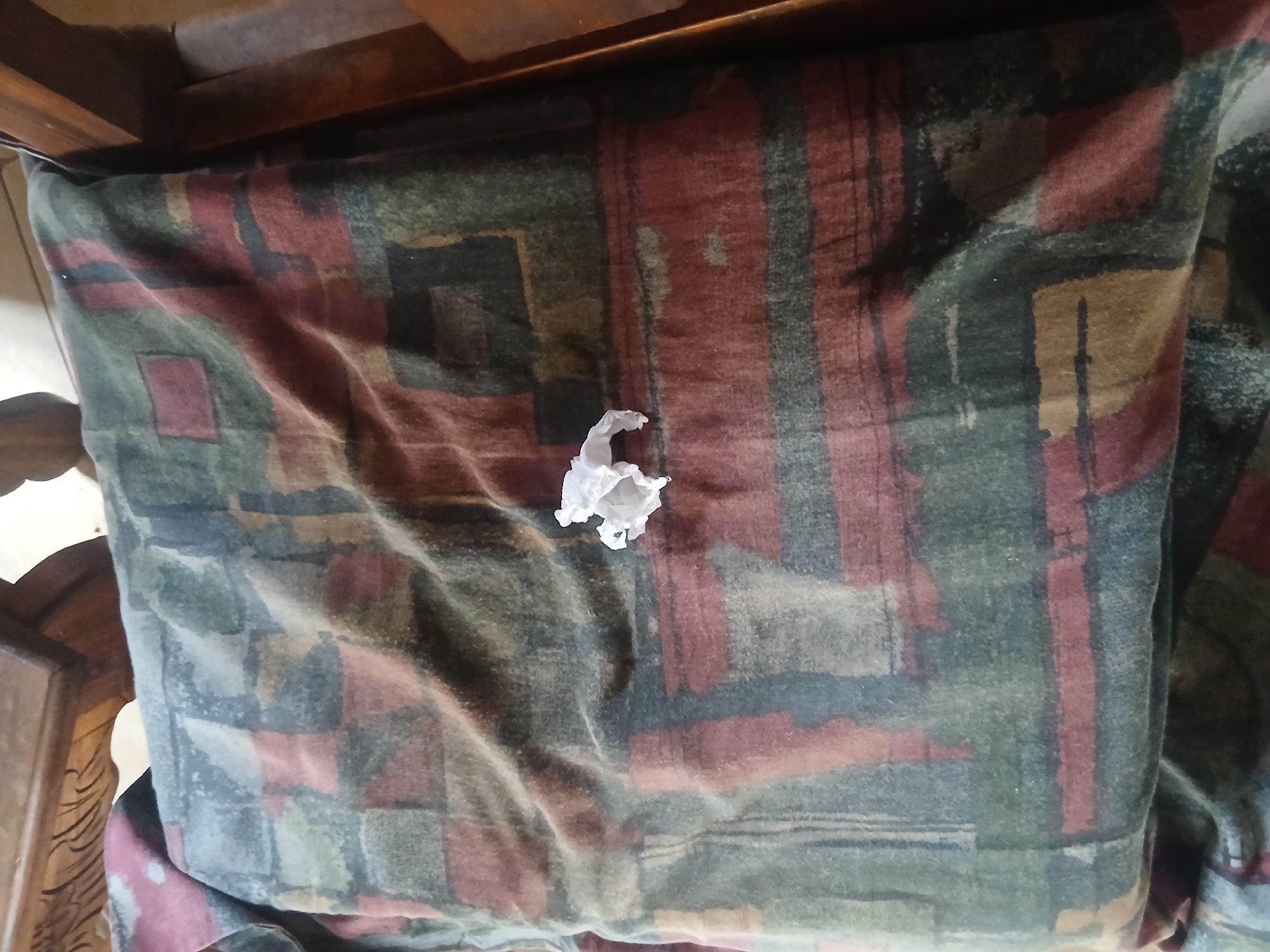 A crumpled white tissue rests on a patterned blanket covering a chair. The blanket features a geometric design with blocks of dark green, maroon, and beige. The chair appears to be made of dark wood. The scene is indoors, with the lighting suggesting it is daytime. There is no information available about the location in Santa Ana, Venezuela.