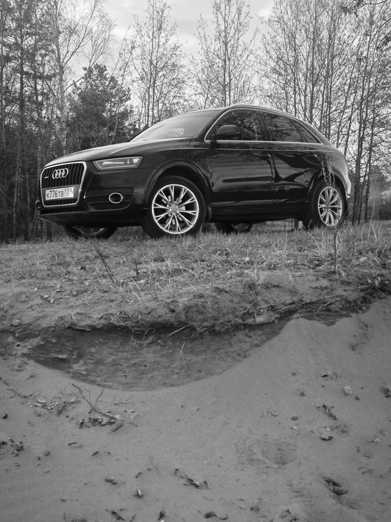 A black Audi Q3 car is parked on a sandy hillock in a forest environment, possibly in or near Noviy, Russia, based on the license plate number "K776TB 159," where "159" is the region code for the Perm Krai region of Russia. The car is positioned at an angle to the viewer, with its front end visible to the left and the side profile visible to the right. The ground in front of the car features a sandy area with a small, shallow depression that may contain water or wet sand, reflecting the car's undercarriage. The background comprises trees, some bare, indicating it is either late autumn or early spring. The scene is monochromatic.