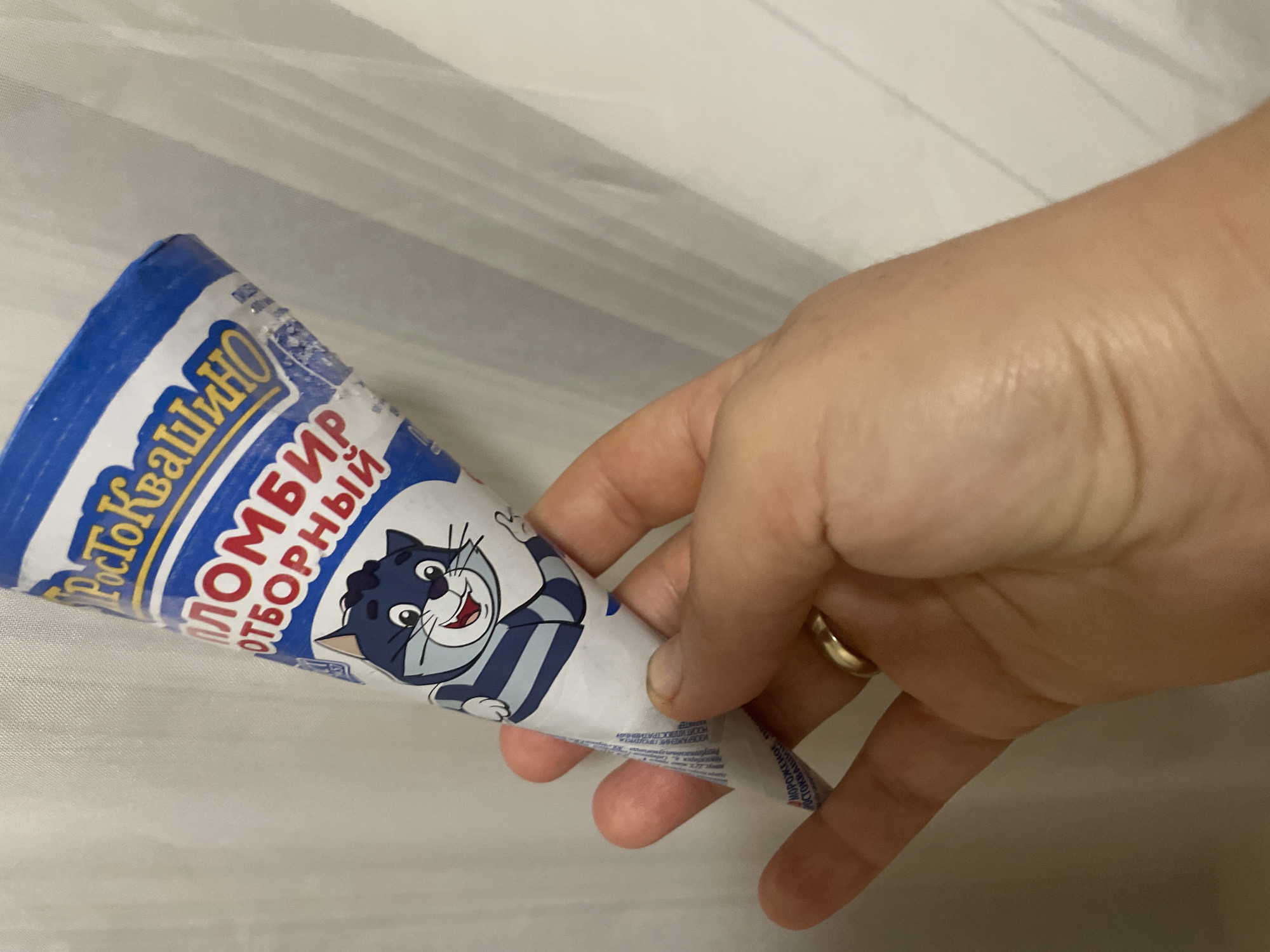 A person is holding a blue and white ice cream cone with a cartoon cat on it. The text on the cone appears to be in Russian and mentions "Plombir," which is a type of ice cream. The background is a light-colored, textured surface, possibly a curtain or wall. The person is wearing a gold ring on their left ring finger. The image is a close-up shot of the hand and the ice cream cone. The city of Krasnoarmeysk, Russia is not depicted in the image.