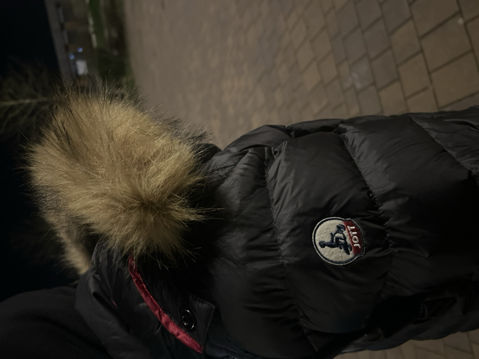 An individual is depicted from the upper torso, facing away or slightly to the side, at night in Ostwald, France. The person wears a black puffer jacket featuring a prominent light brown and black-tipped fur-lined hood. A reddish-pink trim is visible along the inner edge of the hood opening, near a black snap button. On the upper left arm of the jacket, a circular white patch displays a stylized blue figure on a scooter above red "JOTT" lettering. The ground beneath the subject is paved with reddish-brown rectangular pavers laid in a staggered pattern. The background is dark and out of focus, revealing silhouettes of leafless trees to the left and a dimly lit building structure with visible windows to the right. Artificial light sources illuminate the scene, casting a warm glow on the immediate foreground.
