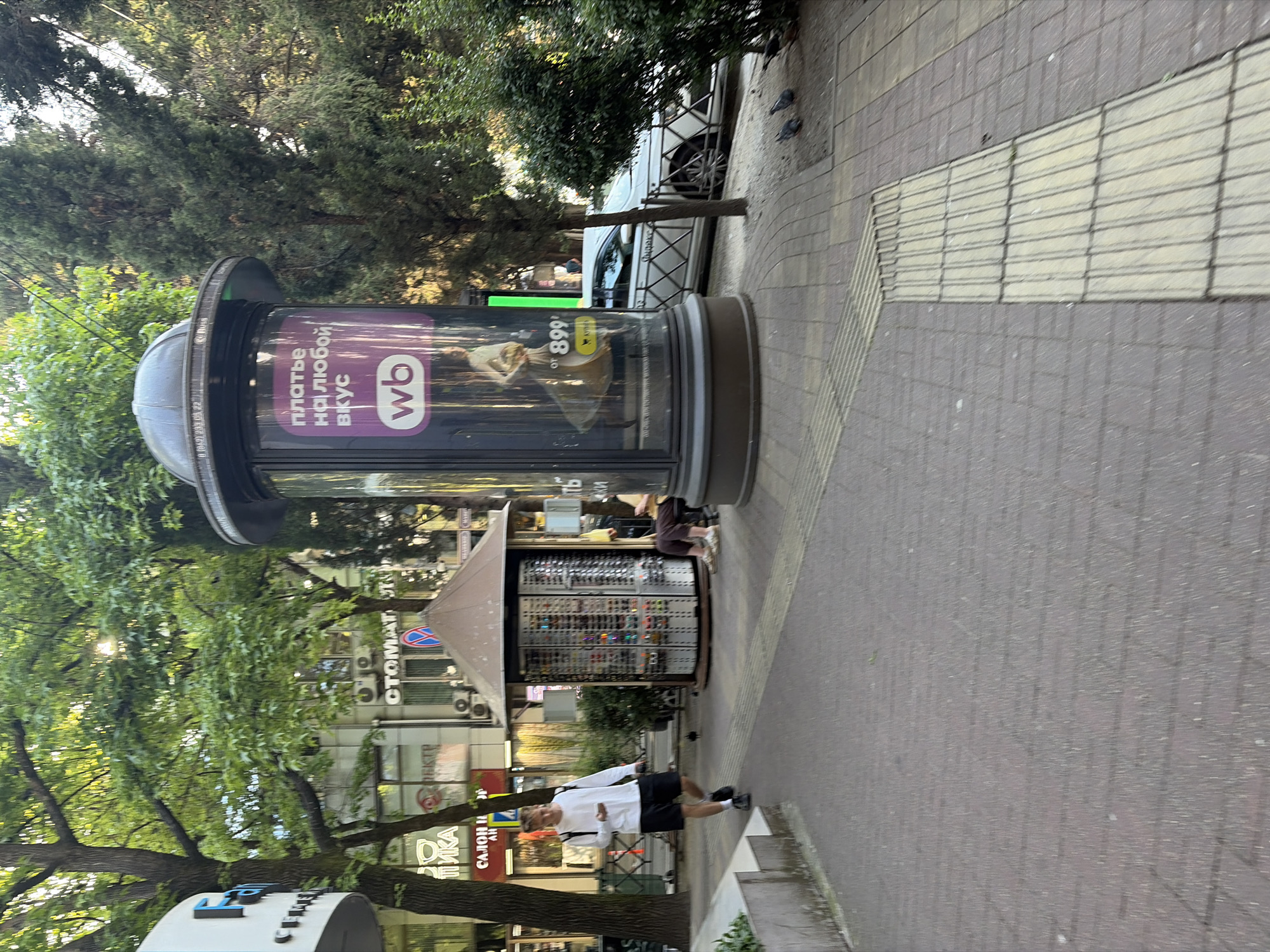 In Sochi, Russia, on a sunny day, a young man in a white long-sleeved shirt and black shorts walks on a sidewalk. He holds a smartphone in his left hand and has a backpack on his right shoulder. The sidewalk is paved with brown bricks and has a textured yellow tactile paving strip. To his right, a kiosk displays sunglasses. Behind the kiosk, a cylindrical advertising pillar features a purple advertisement for "wb" with Russian text. Across the street, a white car is parked next to a fence. In the background, trees and buildings are visible, including a building with "СТОМАТОЛОГИЯ" (Dentistry) signage. Pigeons are scattered on the ground near the advertising pillar and the car.