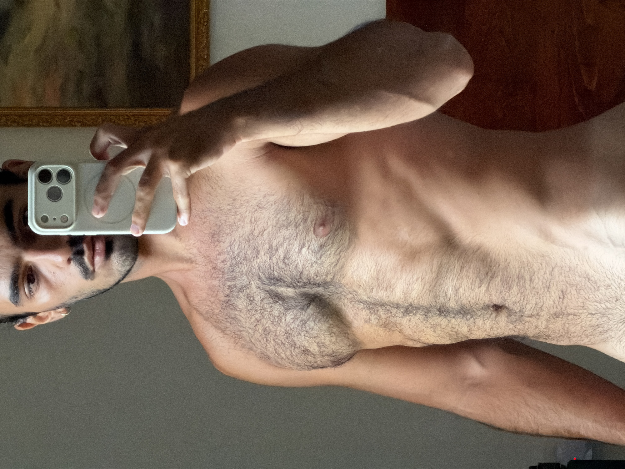 An image shows a mirror selfie taken by a person indoors. The subject is a male with dark hair, a mustache, and a short beard. He has noticeable dark body hair on his chest and abdomen. His body appears to be bare-chested. The person is holding a light-colored iPhone, possibly white or light green, with a MagSafe ring visible on its back. The phone partially obscures his face, making his expression difficult to ascertain, though he appears to have a neutral gaze. His right hand is holding the phone up, and his left arm is bent, extending across his torso.
In the upper left background, as reflected in the mirror, there is a golden-framed object, possibly a painting or another mirror reflecting a blurry, dark scene. The overall lighting suggests natural daylight, creating highlights on the person's skin and casting some shadows, particularly under his arms. The image is rotated 90 degrees clockwise. There are no specific visual cues within the image to indicate the provided location context of North Kuta, Indonesia. No visible text is present in the image.