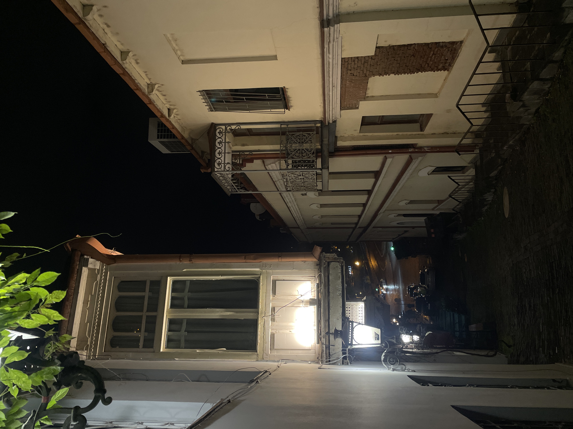 The image depicts a narrow alleyway at night in Tbilisi, Georgia. Buildings line the alley, with a light-colored structure on one side and a darker, multi-story building on the other. The buildings show architectural details, including windows, balconies, and decorative elements. Streetlights illuminate the scene, creating a contrast between light and shadow. A leafy plant is visible on one side of the alley. Cables and other infrastructure elements are seen along the buildings. In the background, the alley opens to a street with some vehicle traffic. The overall atmosphere is quiet and somewhat mysterious due to the nighttime lighting.