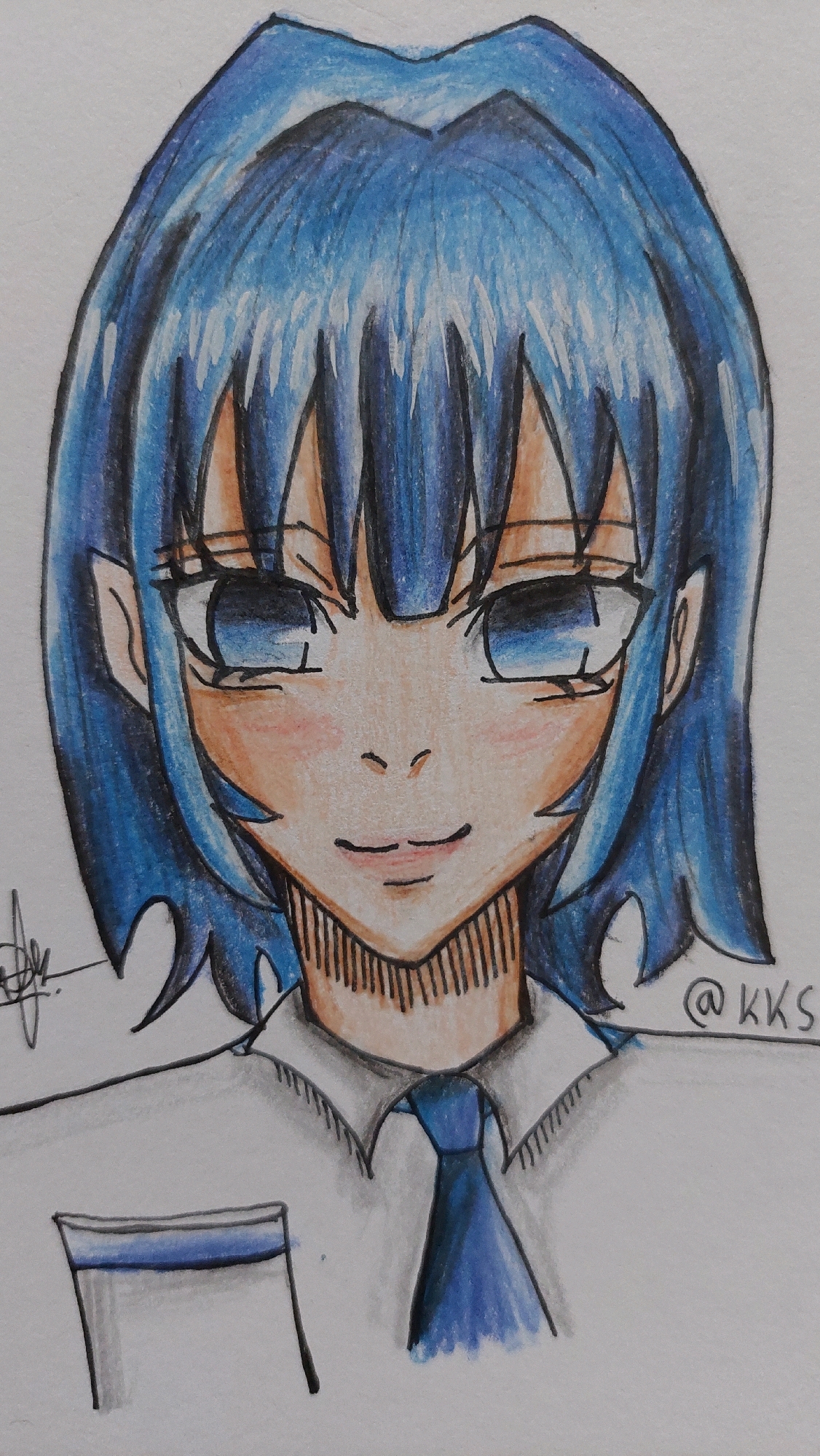The image is a colored pencil drawing of an anime-style character's face and upper torso. The character has bright blue hair styled with bangs that partially cover their eyes and longer strands framing their face. They have large, expressive eyes with blue irises and black pupils. Their skin is a light peachy tone with pink blush on the cheeks. The character is wearing a white collared shirt with a blue tie. The drawing is signed on the left with a stylized signature and on the right with "@KKS". The background is plain white. The image does not depict any specific location in Bojong Gede, Indonesia.