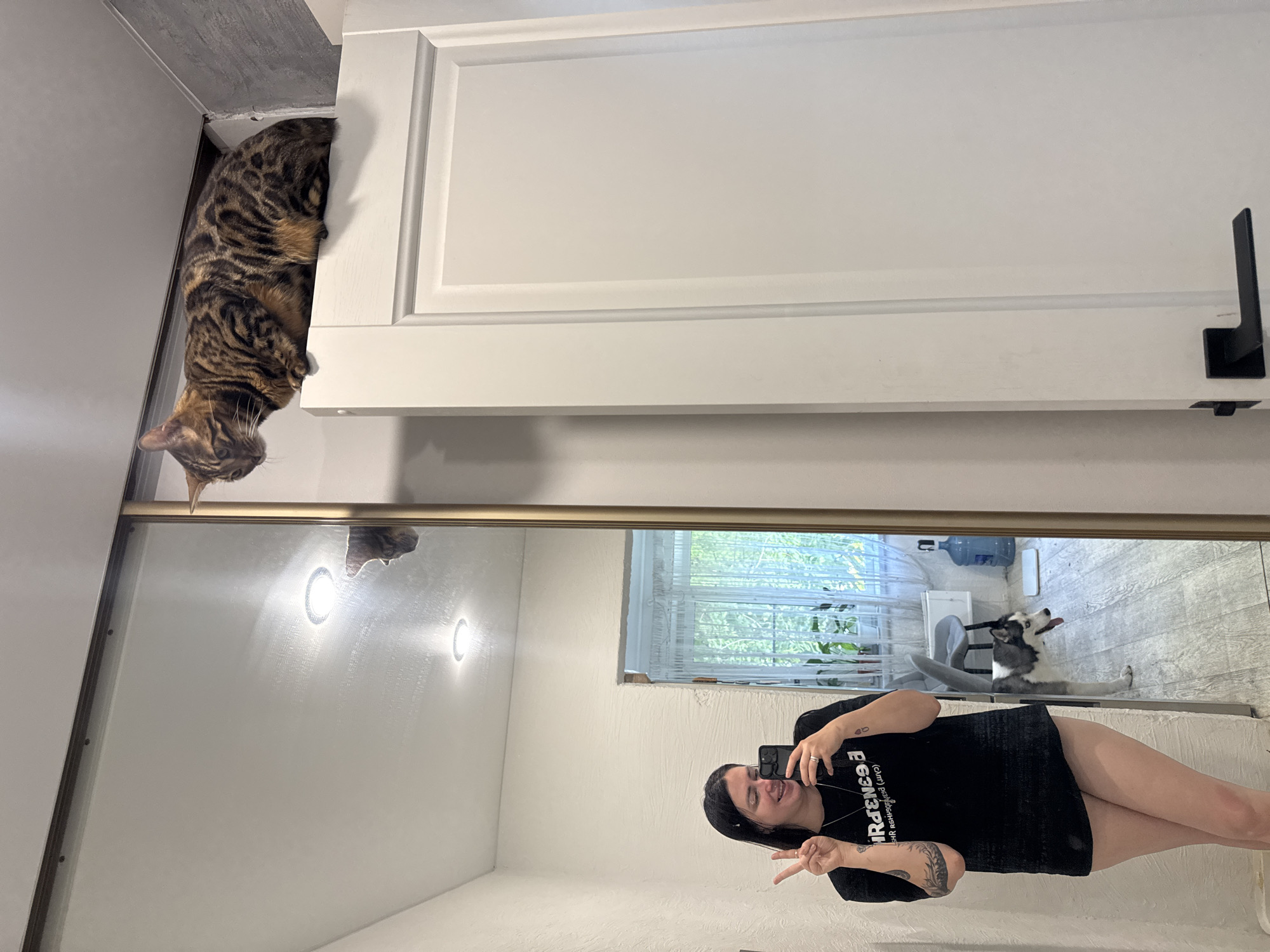 A mirrored selfie taken indoors reveals a woman holding a smartphone, posing with a peace sign. She is wearing a black t-shirt and has tattoos on her arms. Above the mirror, a brown and black spotted cat is perched on a white cabinet. The reflection also shows a husky-type dog lying on the floor in the background. A window is visible in the reflection, showing natural light. The location appears to be inside a home.