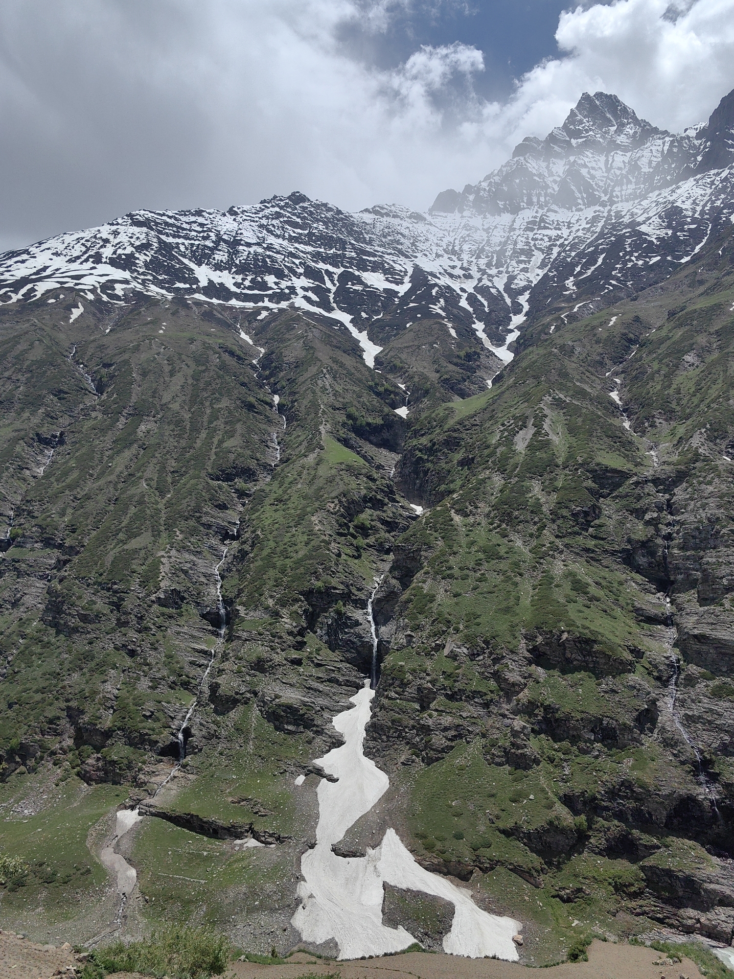 The image presents a mountainous landscape in Yamling, India. The foreground features a rugged terrain of rock formations and grassy patches. Several thin waterfalls cascade down the mountain's face, interspersed with lingering patches of snow. The mountain's upper reaches are capped with more substantial snow cover, gradually transitioning into exposed rock peaks. The sky overhead is overcast, with a mix of dark and light clouds suggesting a cloudy day.