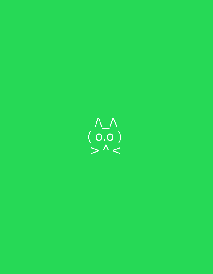 The image is a green background with a white ASCII art cat face in the center.