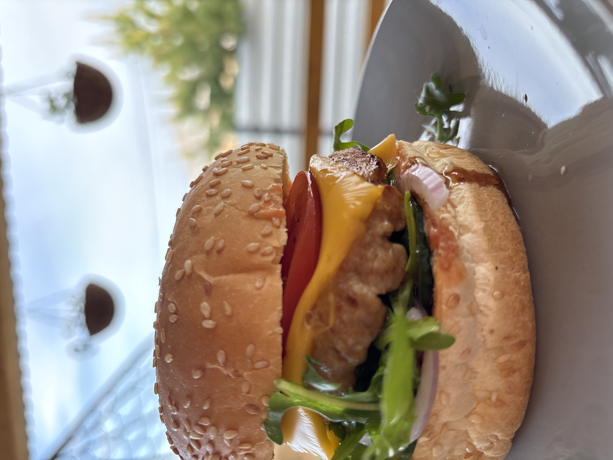 A partially disassembled burger sits on a white plate. The burger contains a sesame seed bun, tomato, cheese, a meat patty, arugula, and red onion. A window with decorative hanging planters is visible in the blurred background. The location is assumed to be Chaikovsky, Russia, based on user context.